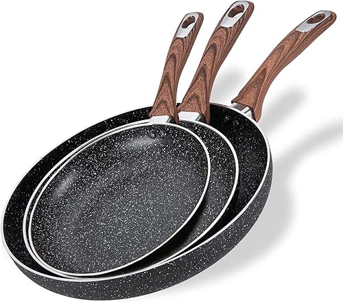 Hamilton Beach Juego de 3 sartenes antiadherentes de mármol de aluminio con parte inferior de inducción mango suave al tacto negro 89511 pulgadas