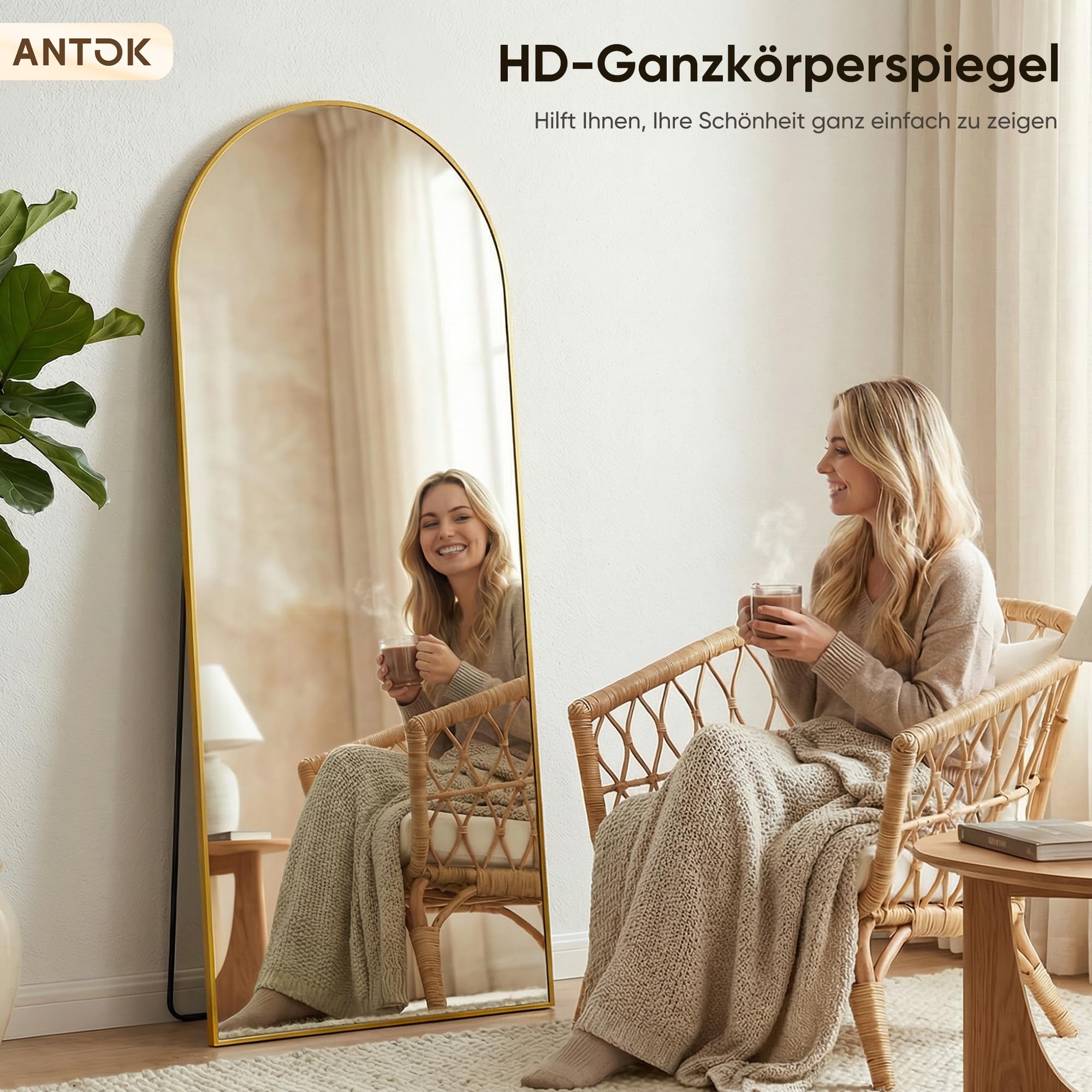 Antok Grand miroir pleine longueur, 183 x 112 cm, miroir sur pied bombé, verre incassable, miroir de sol, pour salon, dressing, montage mural, emballage sûr, doré