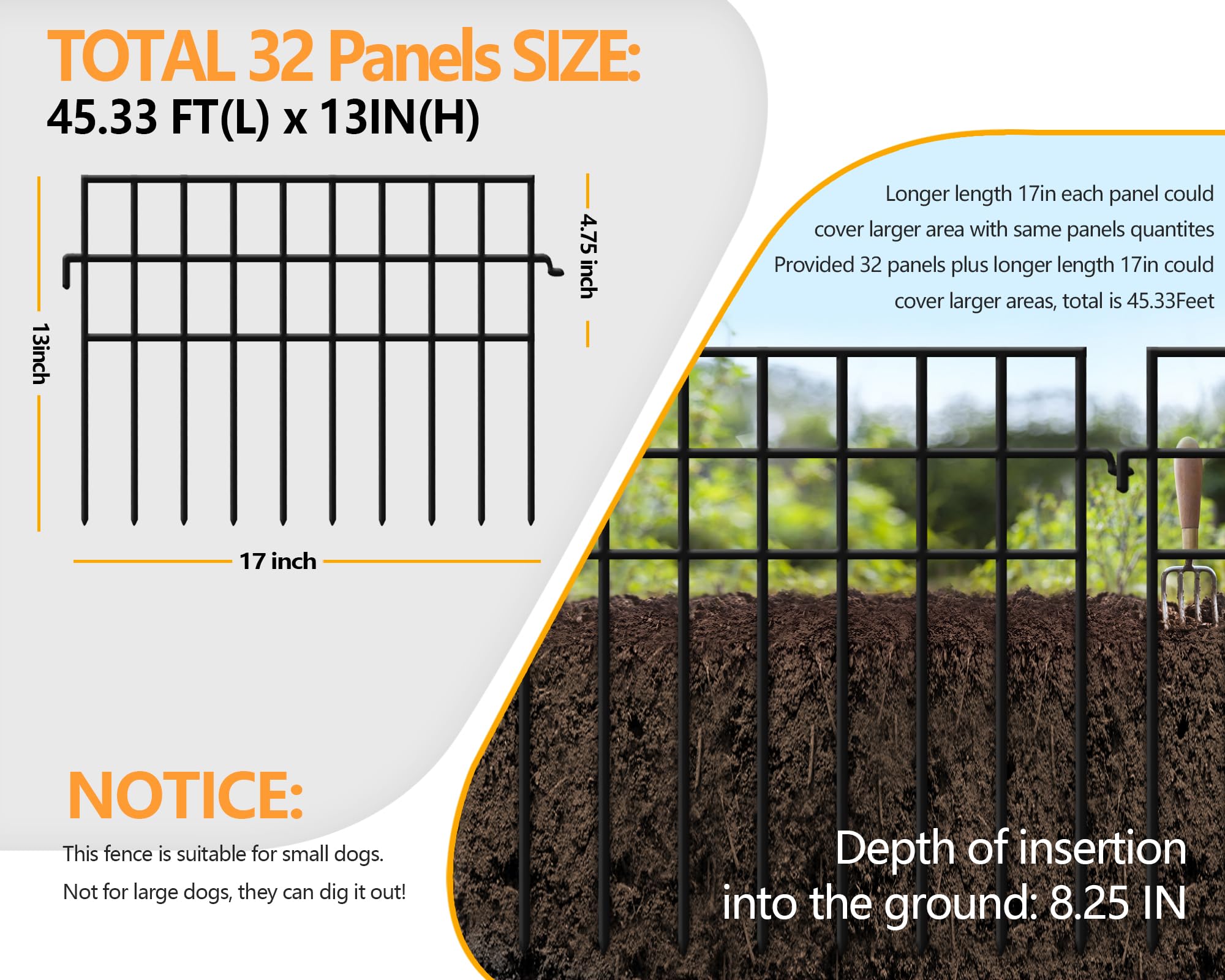 Amazon.com : 45.33ft(L) X 13in(H) Animal Barrier Fence No Dig, 32