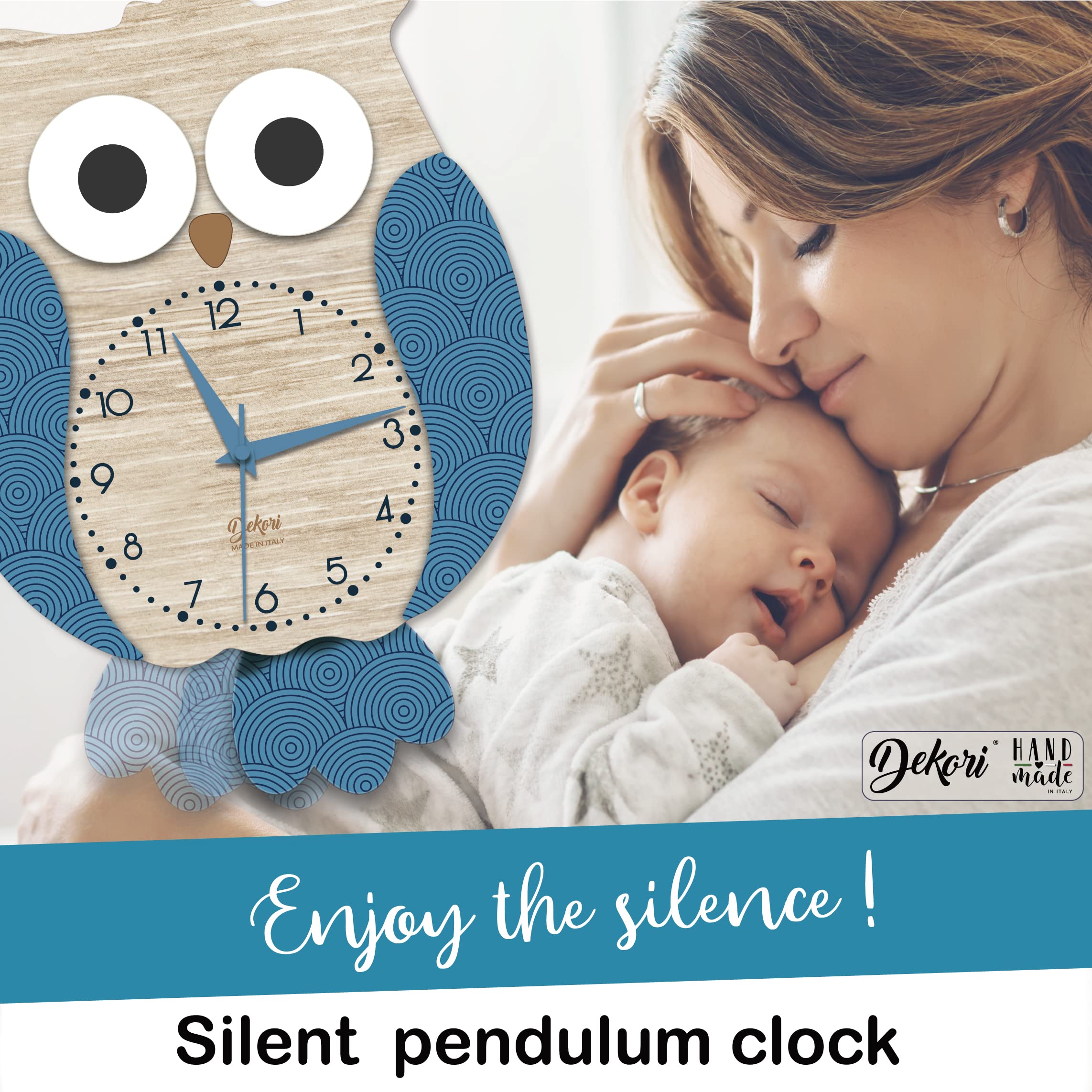 DEKORI Reloj de búho con péndulo. Mecanismo ultra silencioso. Decora y alegra cualquier habitación de la casa, cocina salón habitación infantil. Fabricado en Italia.