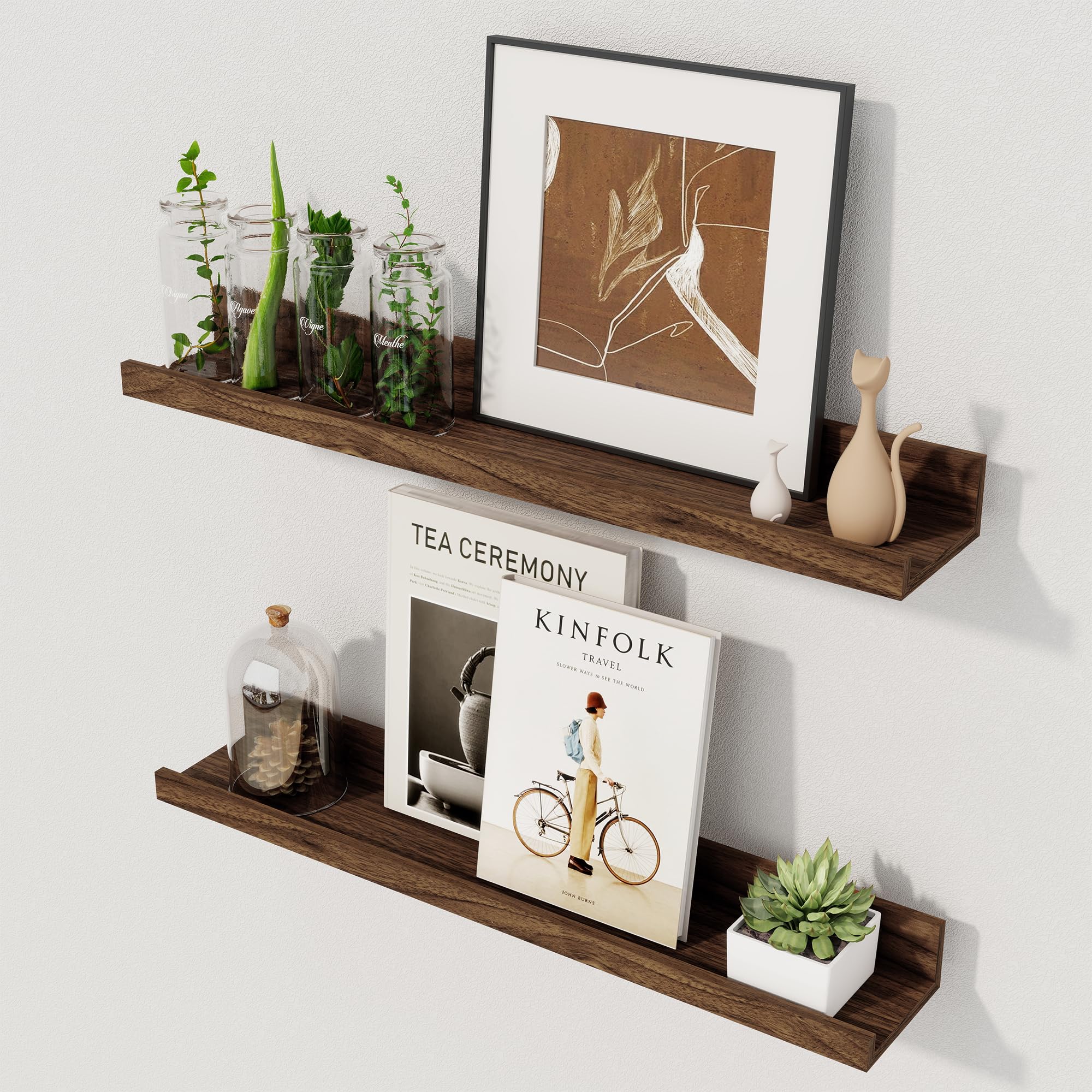 Axeman Floating Shelves, Walnut Wall Shelves, Picture Shelf Set of 2, 50cm