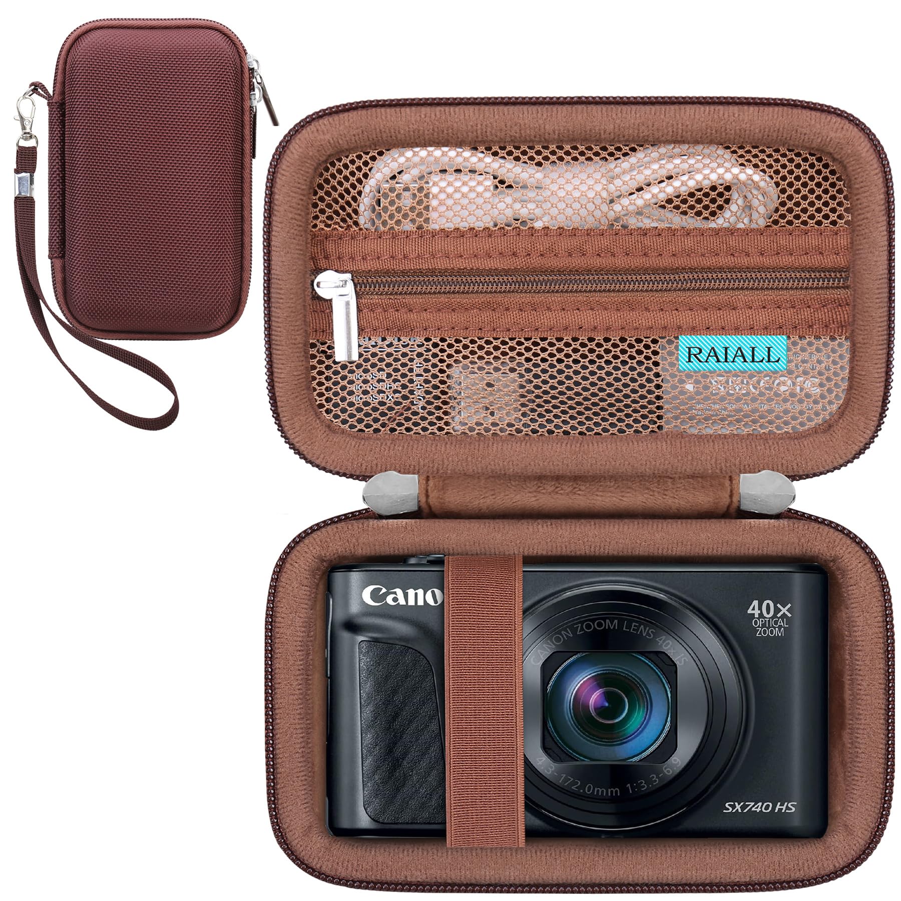 RAIALL Camera Case for Canon PowerShot SX740 HS/ SX730 HS/ SX720 HS/ SX620 HS Digital Camera, 4K Video Camera Hard Carrying Case Protective Travel Bag, Mesh Pocket for Batteries and USB Cable, Brown