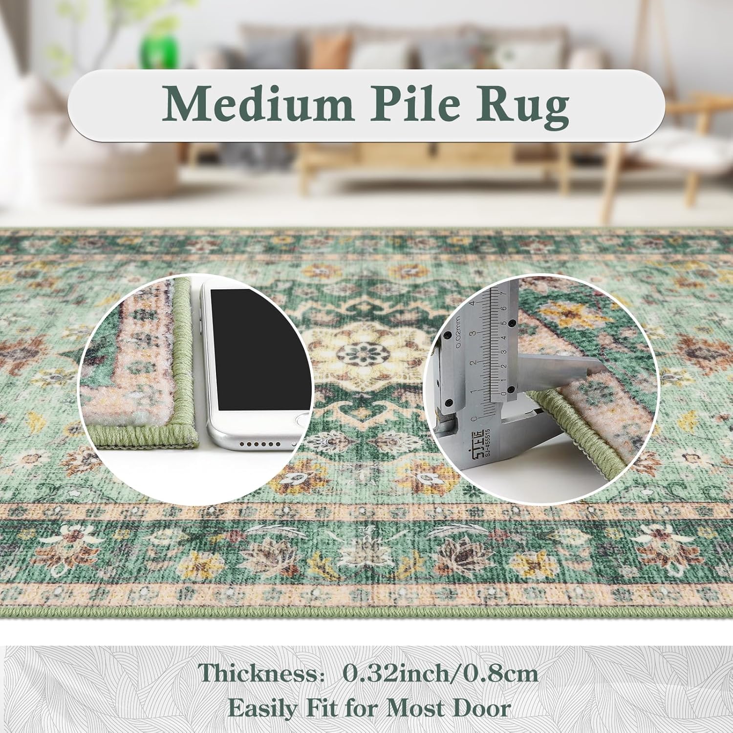 Green Floral 2' x 6' Washable Non-Slip Runner Rug