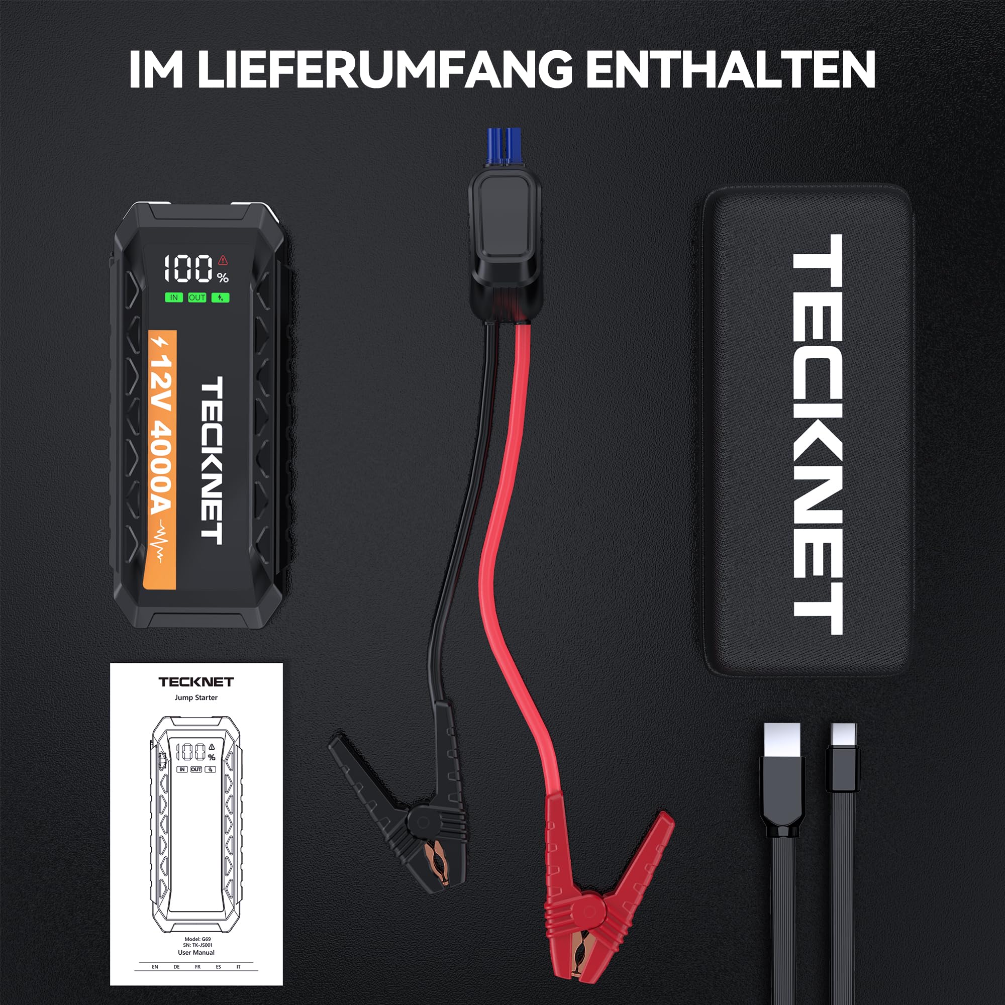 TECKNET Starthilfe Powerbank, 4000A Auto Starthilfe für 12V Fahrzeuge (Bis zu 10L Benzin/8L Diesel), Starter Powerbank mit LED, 2 Schnelllade USB Ausgänge, Batterie Jump Starter mit Starthilfekabel