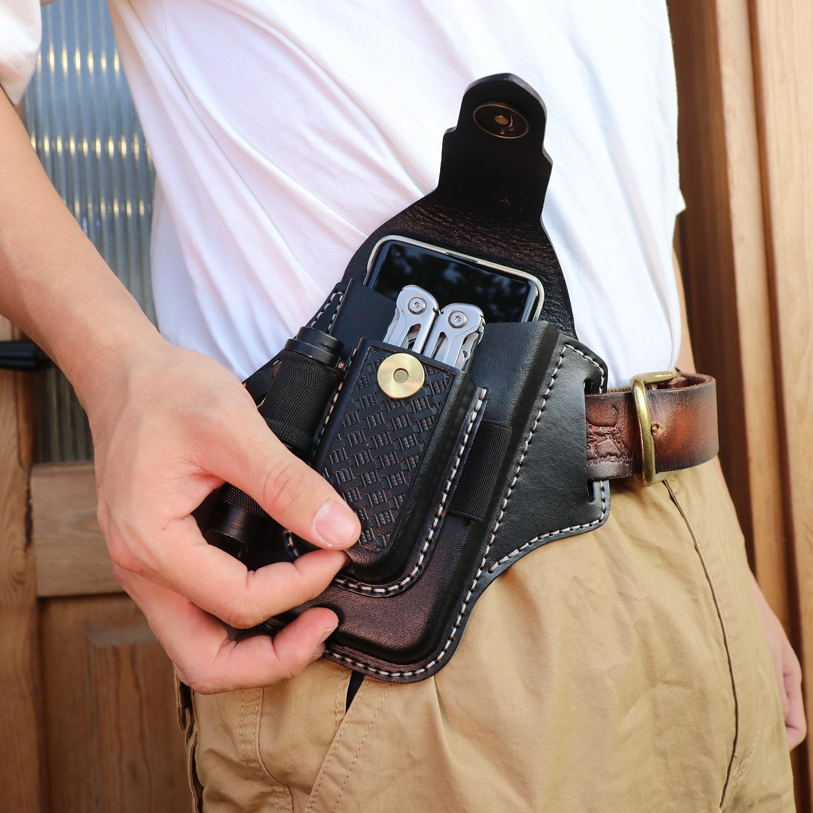 TOURBON Multitool Fodero in Pelle per Cintura EDC Tasca Organizer Porta Telefono per Uomo con Torcia Penna Portachiavi