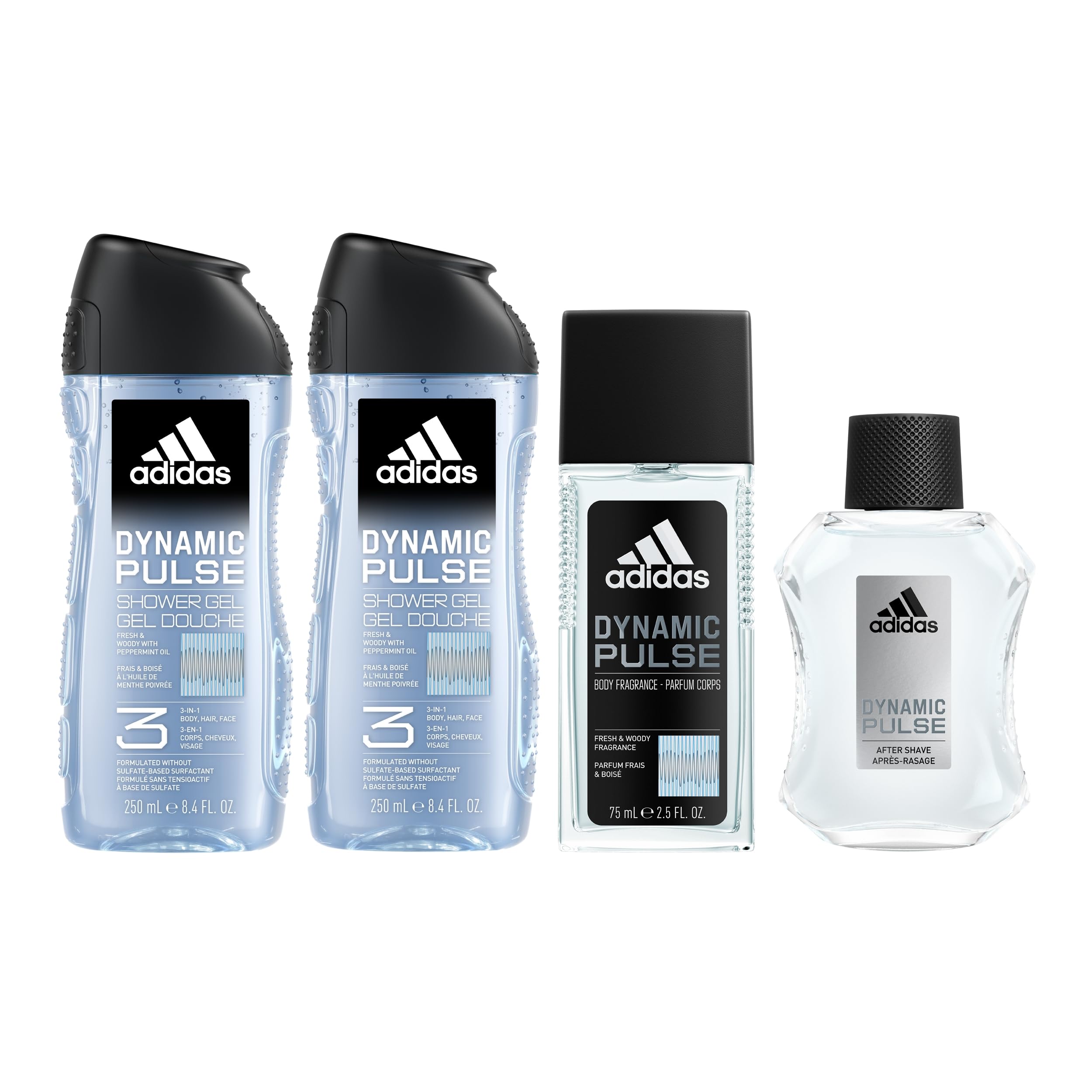 Adidas Dynamic Pulse Aftershave Giftset - 1.6 fl oz EDT + 2.5 fl oz + 8.4 fl oz + 13.5 fl oz Shower Gel, Notes of Mint, Apple, and Wood, Men's Fragrance, Long Lasting, Sporty
