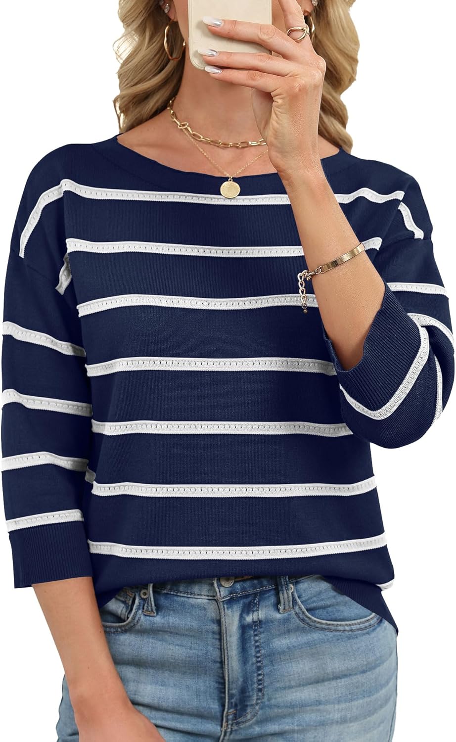 LOMON Women's Soft Comfy Knit Pullover Sweater Striped Boat Neck Spring Dressy Casual Sweater Tops 2026