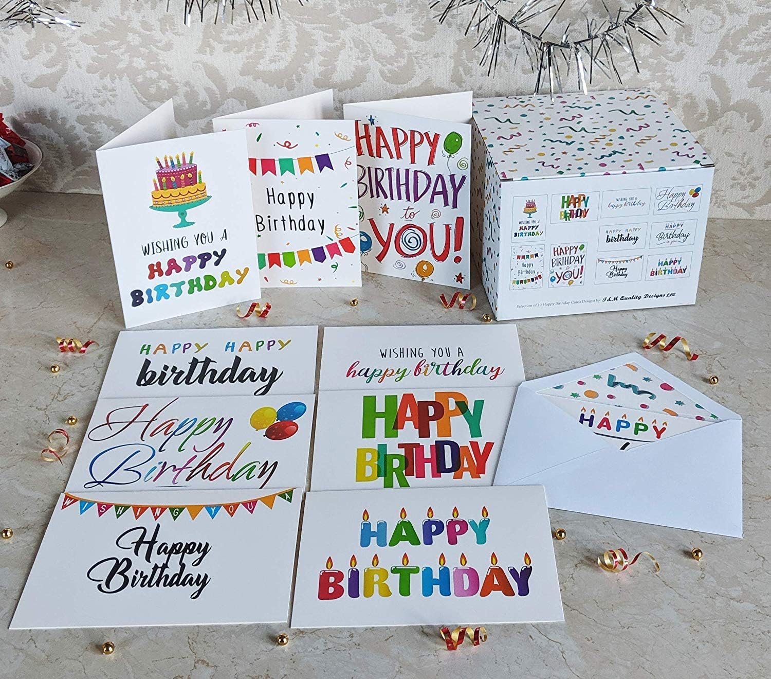T&M Quality Designs LLC 100 tarjetas de cumpleaños en blanco (interior en blanco)