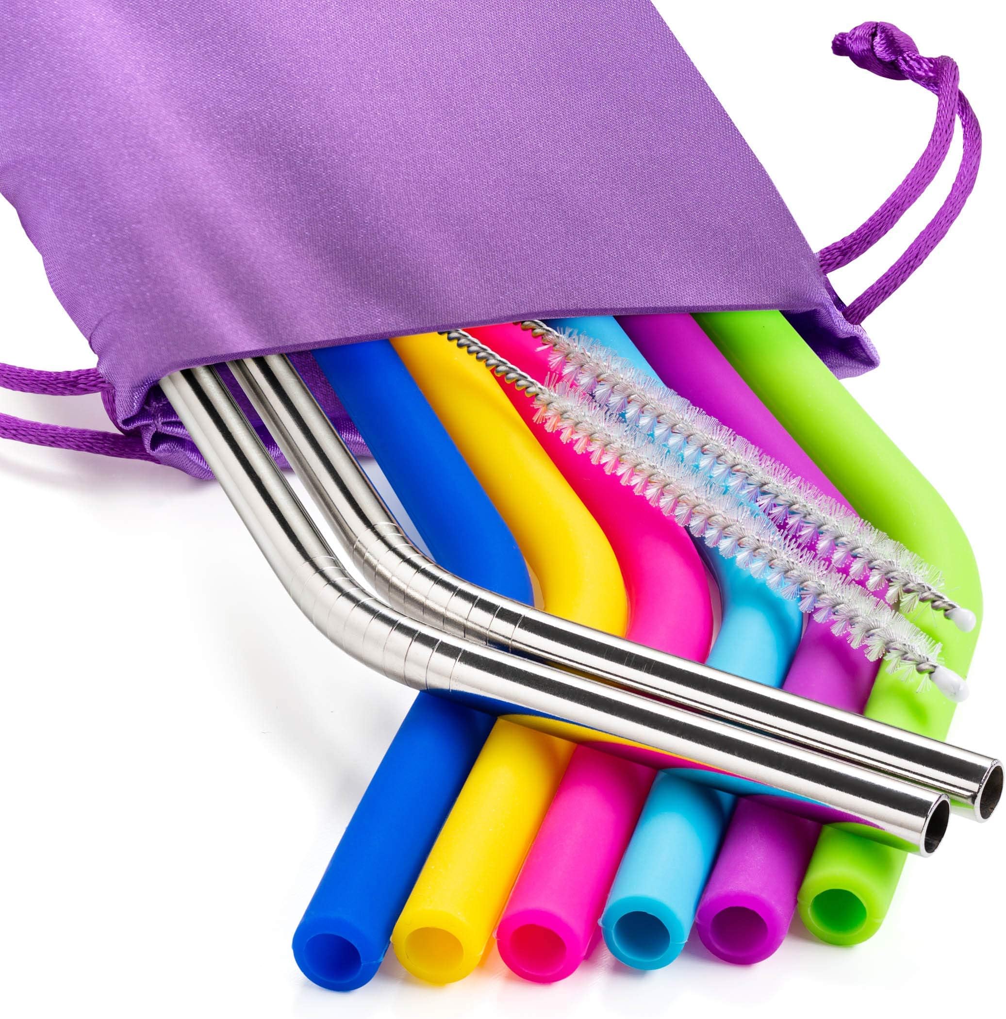 Netko Silicone Reusable Drinking Straws - Stainless Steel Straws for 30oz Tumbler - Bundle Includes 6 long Silicone Straws + 2 Brushes + 2 Metal Straws and Storage Pouch, Regular Size, BPA Free