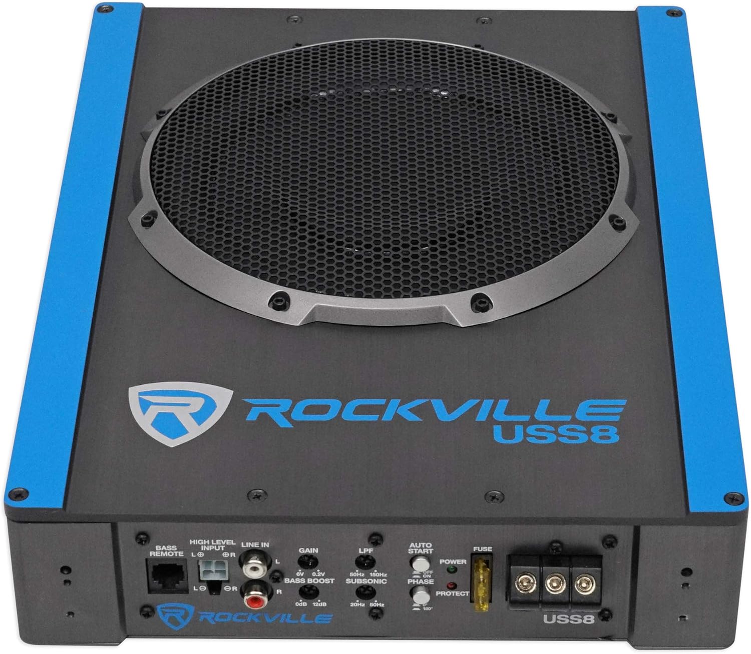 Rockville USS8 8" 600W Slim Under-Seat Active Powered Car/Truck Subwoofer, 150W RMS, CEA-2006 Certified, RWK10 10-Gauge Amp Kit with 100% Copper RCA Cables, 2-Items
