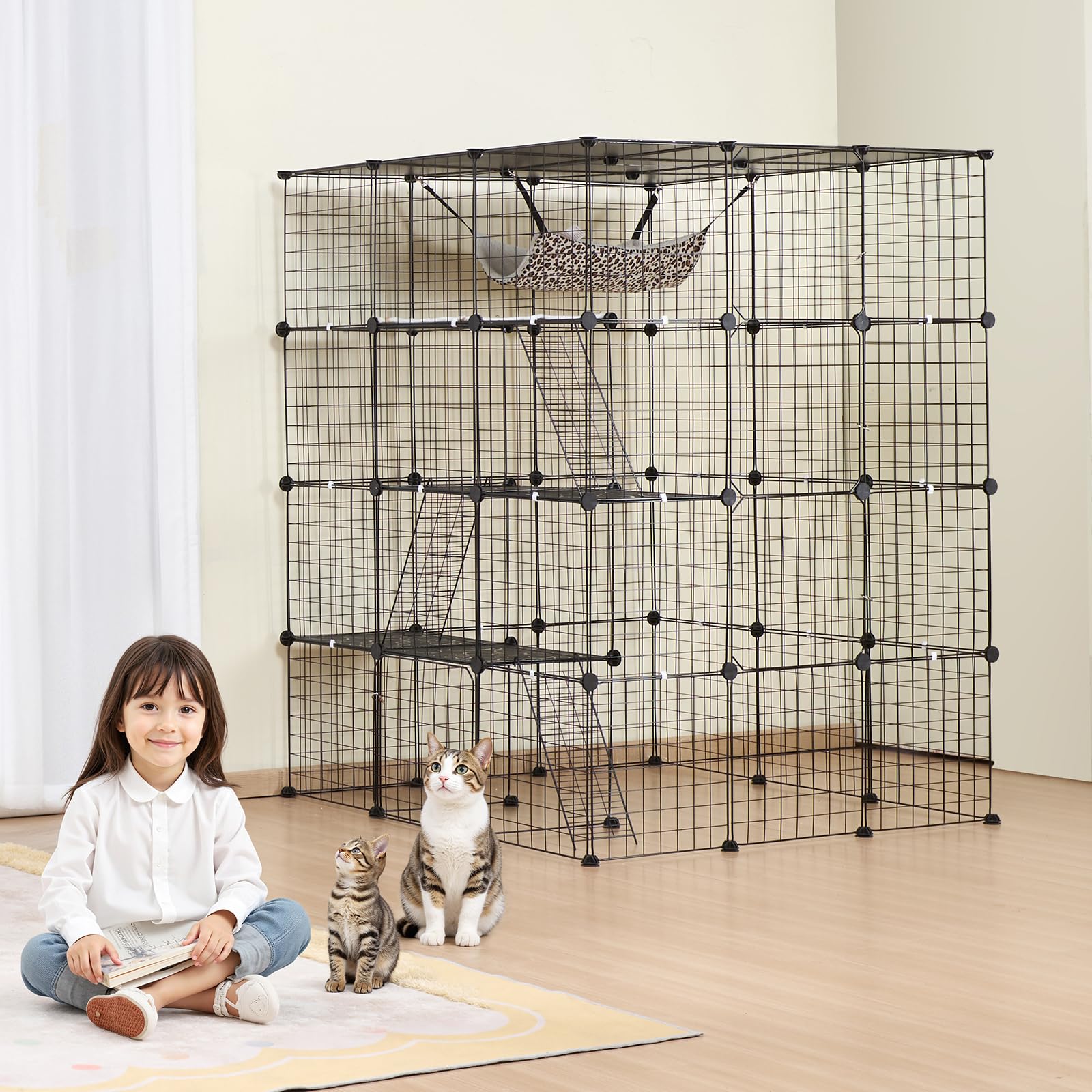 VEVOR Cage Chat 4 Niveaux, Grand Enclos Chats Fil Métallique Modulable Amovible à Monter, avec 4 Portes, Échelles, Hamac, Espace Exercice Extérieur Intérieur pour Petits Animaux, 1041x1041x1397 mm