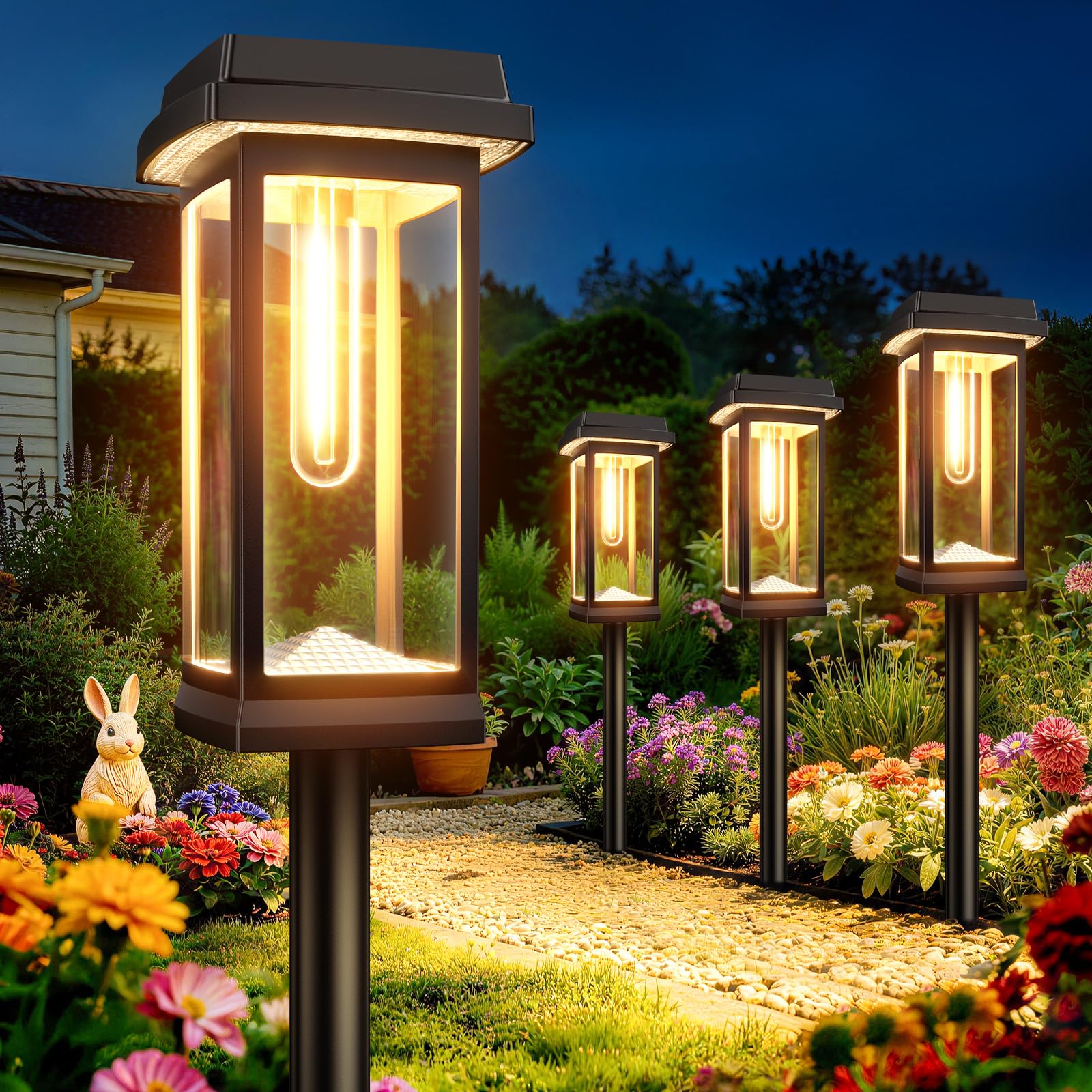 RECHOO Solarlampen für Außen Garten 4 Stück, 3000K Warmweiße Solarleuchten Garten mit Metall Erdspießen & 2 Lichtmodi, IP65 Wasserdicht Solarleuchten für Außen, Gartendeko, Hof, Weg, Terrasse