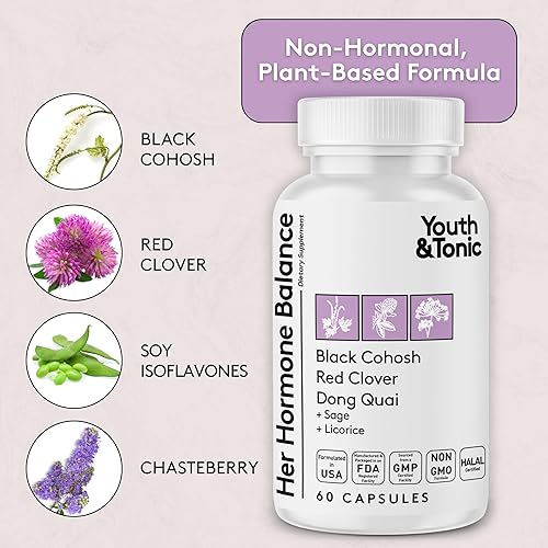 Miniatura 4 de Youth & Tonic Her Hormonal Balance - Suplemento para la menopausia para mujeres, apoyo a la perimenopausia, fórmula herbaria no hormonal con cohosh