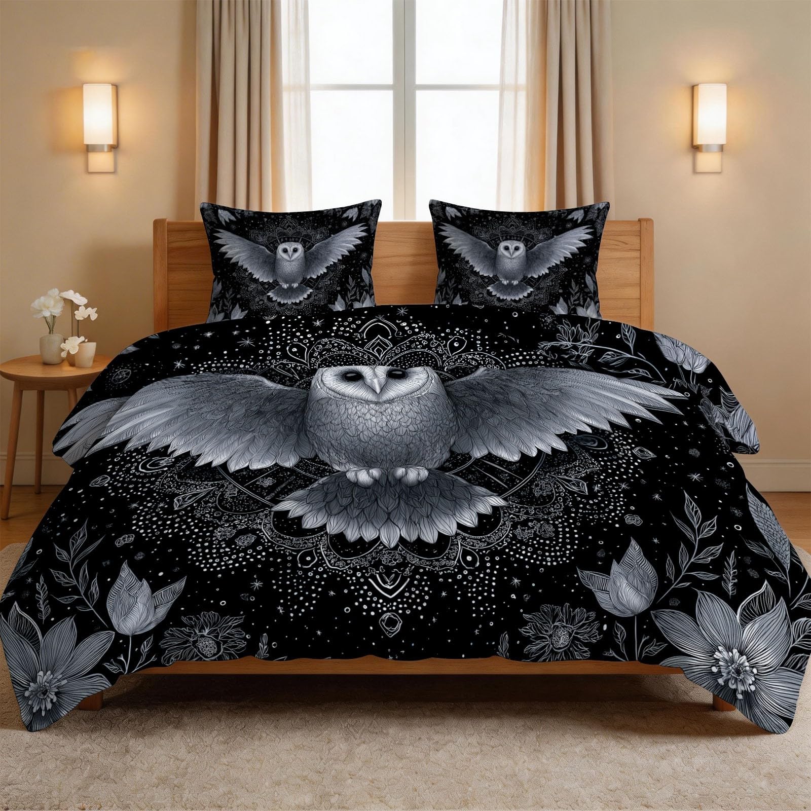 Couette imprimée 200x200 4 saisons et édredon matelassé hibou fleurs
