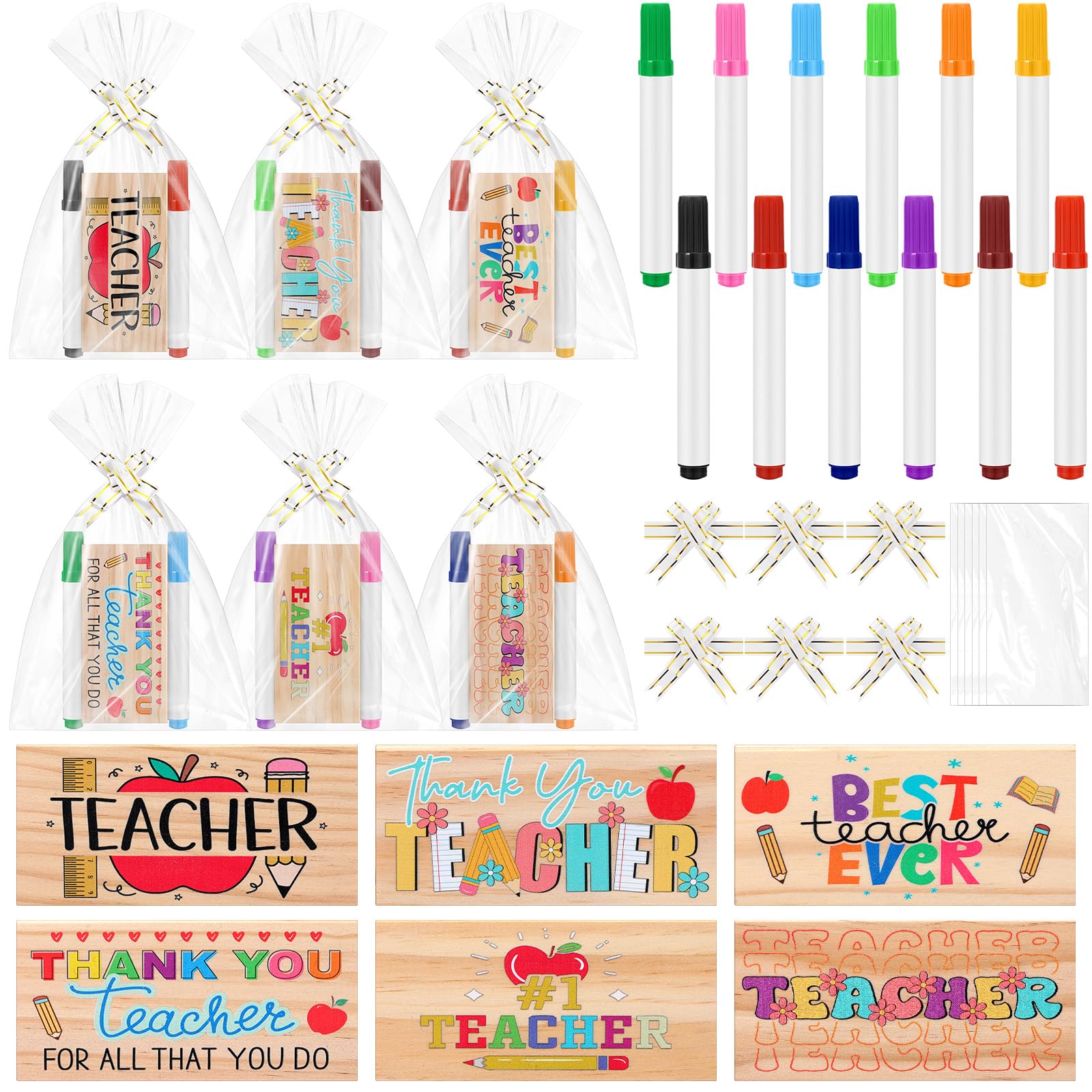 Soulchen 6 Sets Teacher Appreciation Gifts Set Thank You Wood Chalkboard Eraser with 12 Colors Markers and Bags The Best Teacher Inspirational Dry Erase Erasers for Graduation Office School Supplies