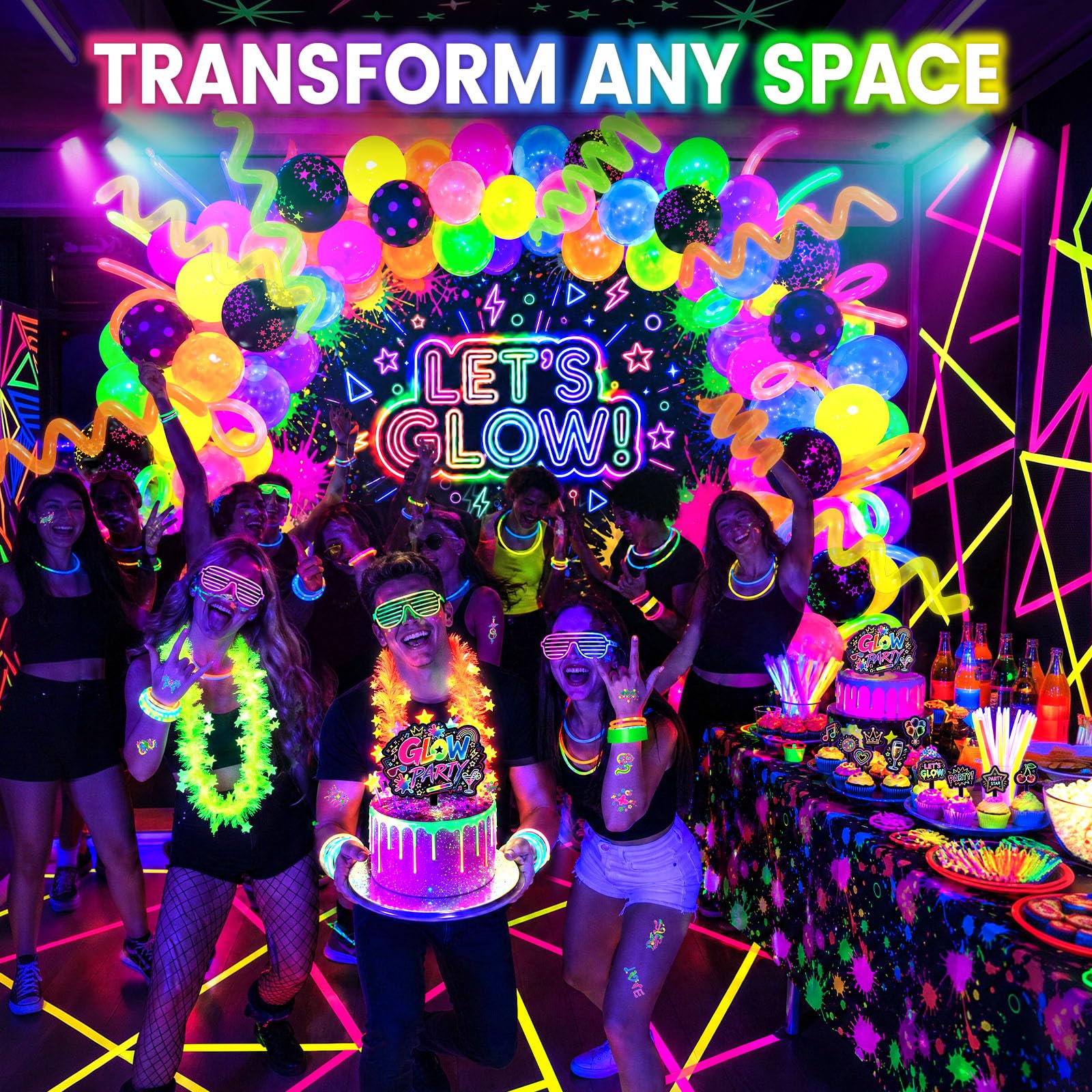 LovesTown 192PCS Neon Glow Party Decorations Kit with 113 Balloons