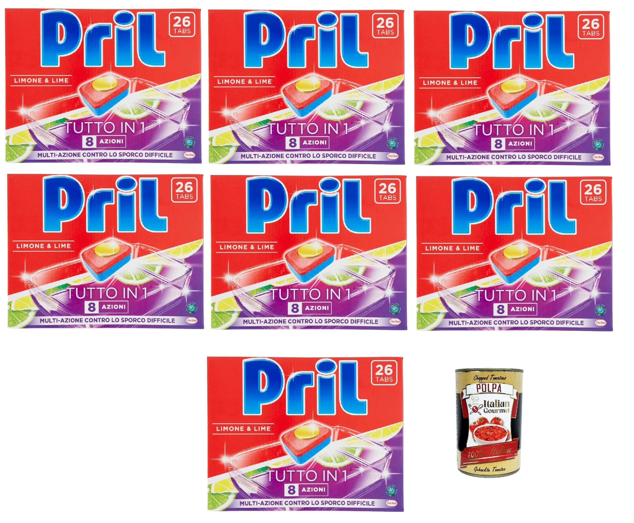 Pril - Detergente completo todo en 1 limón y lima, pastillas para lavavajillas, detergente completo ya a 40°, 8 acciones, 7 x 26 pastillas + Polpa italiana Gourmet 400 g