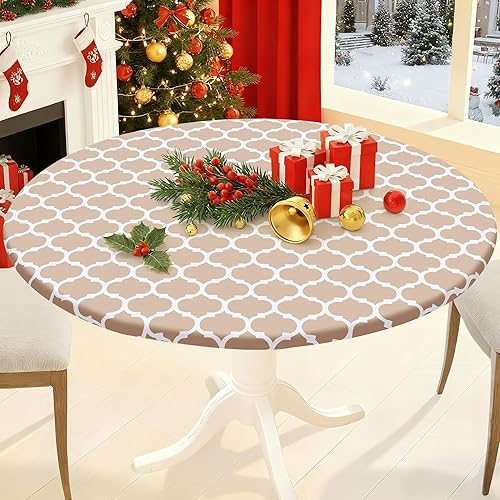 Miniatura 204 de Smiry - Mantel redondo de vinilo ajustable con bordes elásticos y parte trasera de franela, mantel de vinilo impermeable, lavable, diseño enrejado