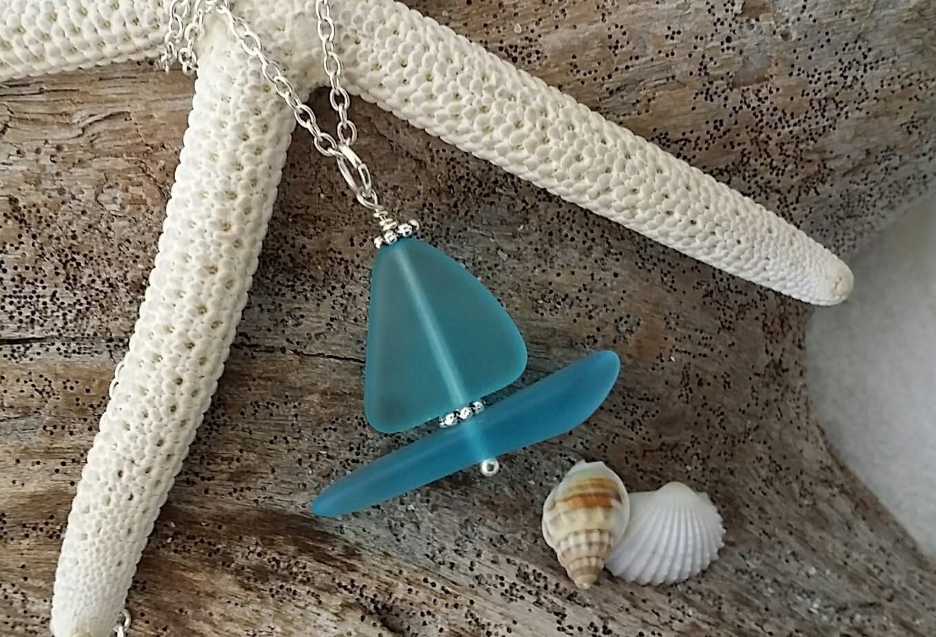 Sail to Hawaii, Handmade"Sailboat Necklace", blue sea glass, (Hawaii Gift Wrapped, Mother's Day Gift)