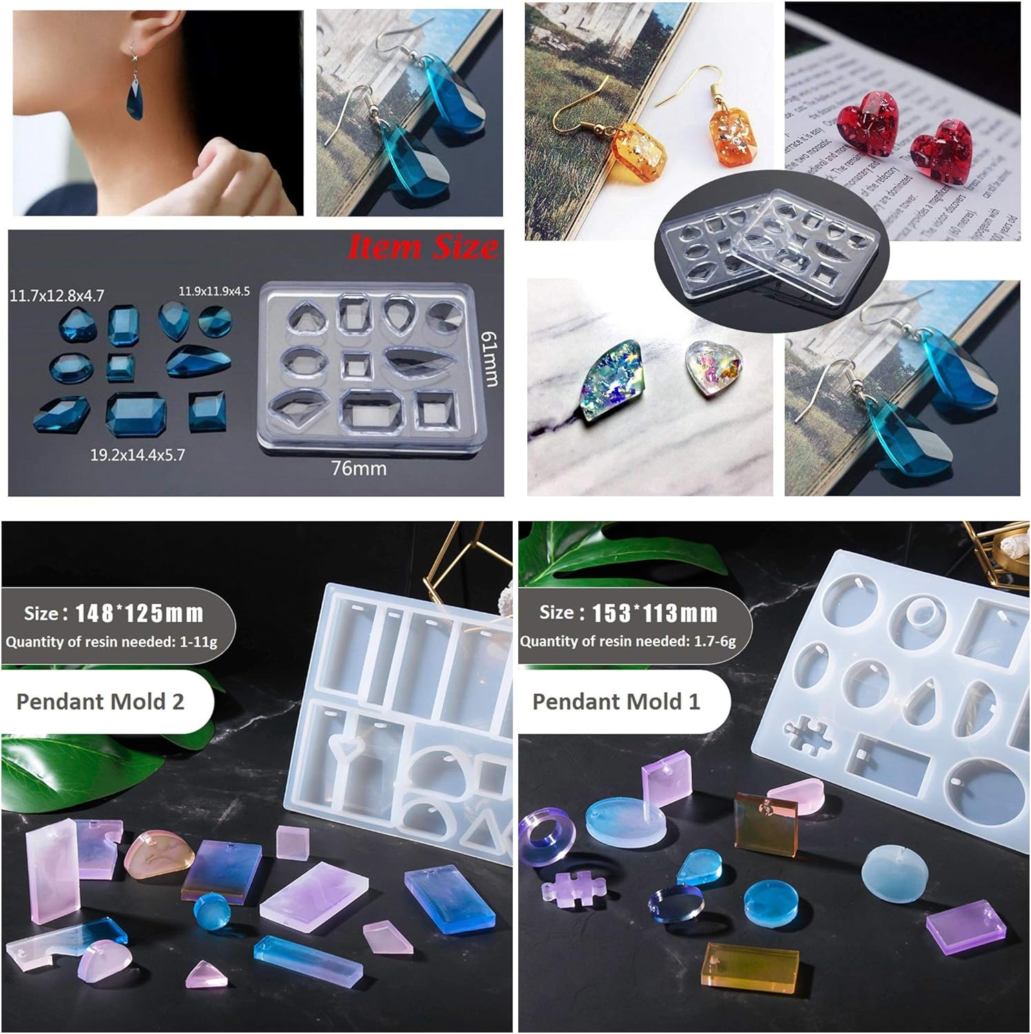 200ml Crystal Clear UV Epoxy Resin Sunlight Curable 18 Molds 17 Bezels 36 Holographic Decorations Resin Crafts Kit with Eyelets for Jewelry Making Bracelets Pendants Rings Keychains Charms Necklaces