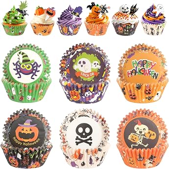 Pack of 150 Halloween Muffin Moulds Paper with Halloween Cupcake Toppers Halloween Muffin Cases Paper Cupcake Wrappers for Party Decoration