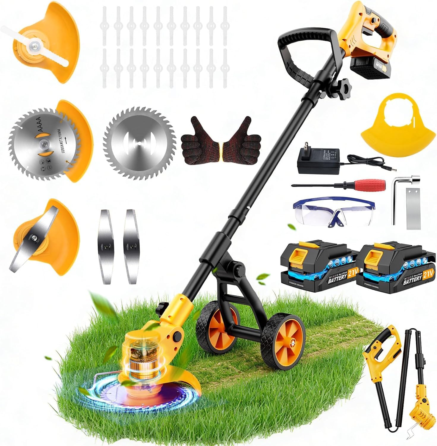 Photo 1 of ? ONLY PARTS. ?Electric Weed Wacker Cordless with Wheels,Electric Weed Eater Battery Powered 4000mAh,4 in 1 Grass Trimmer/Brush Cutter/Grass Edger/Small Lawn Mower,No String Trimmer with Blade, 2 Battery (Yellow)