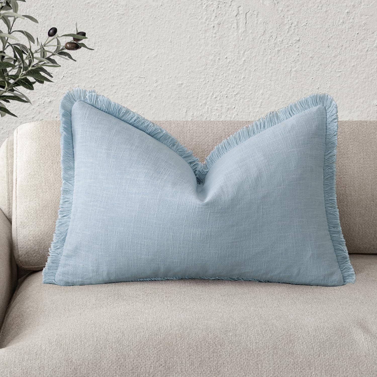 Foindtower Decorative Linen Fringe Lumbar Throw Pillow Covers Cozy Boho Farmhouse Cushion Cover with Tassel Soft Accent Pillowcase for Sofa Bed Living Room Home Decor, 12×20 Inch,1PC,Light Blue
