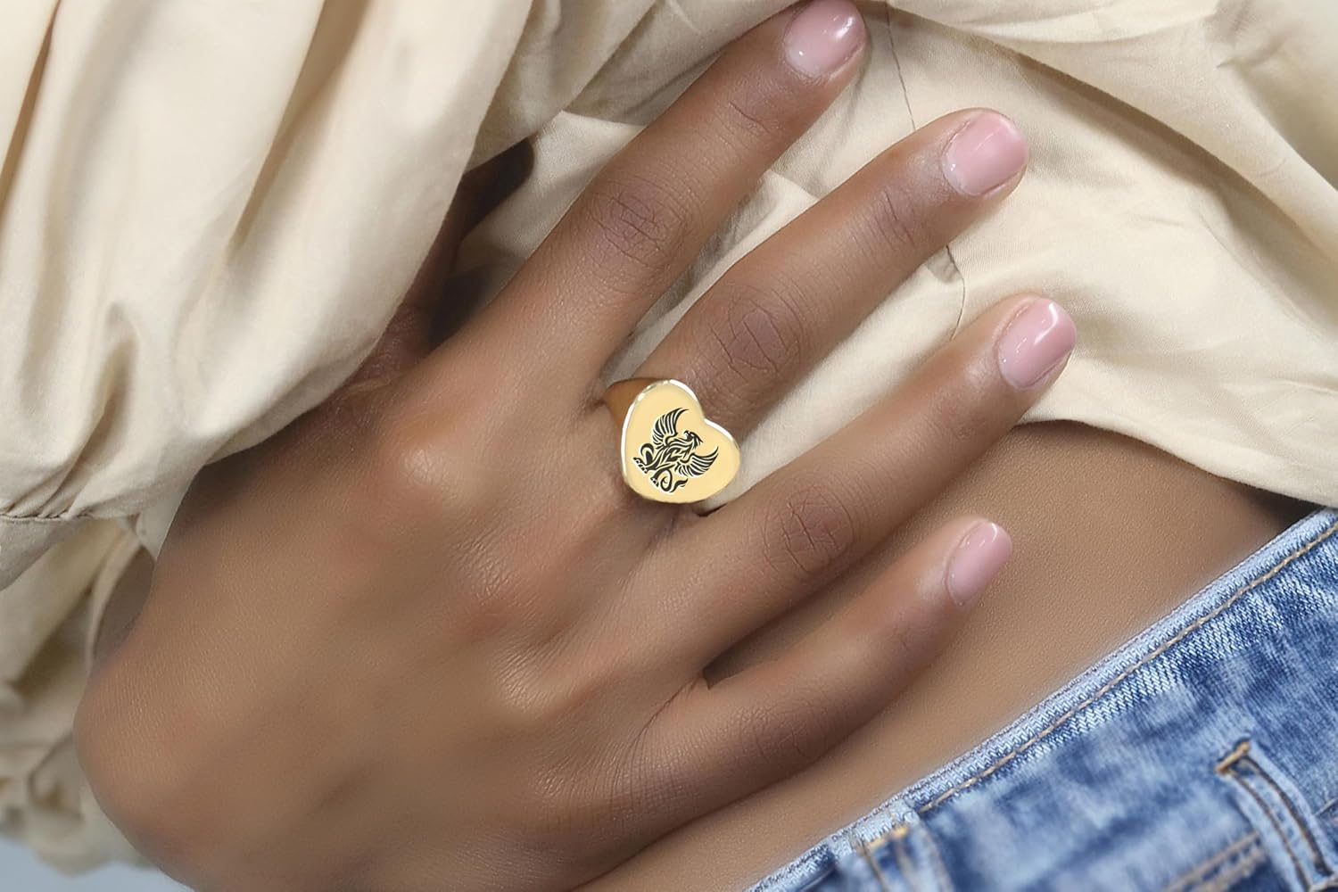 Mythical Griffin Signet Ring - Custom 14k Gold Griffin Jewelry - Spiritual Heart Shaped Statement Piece