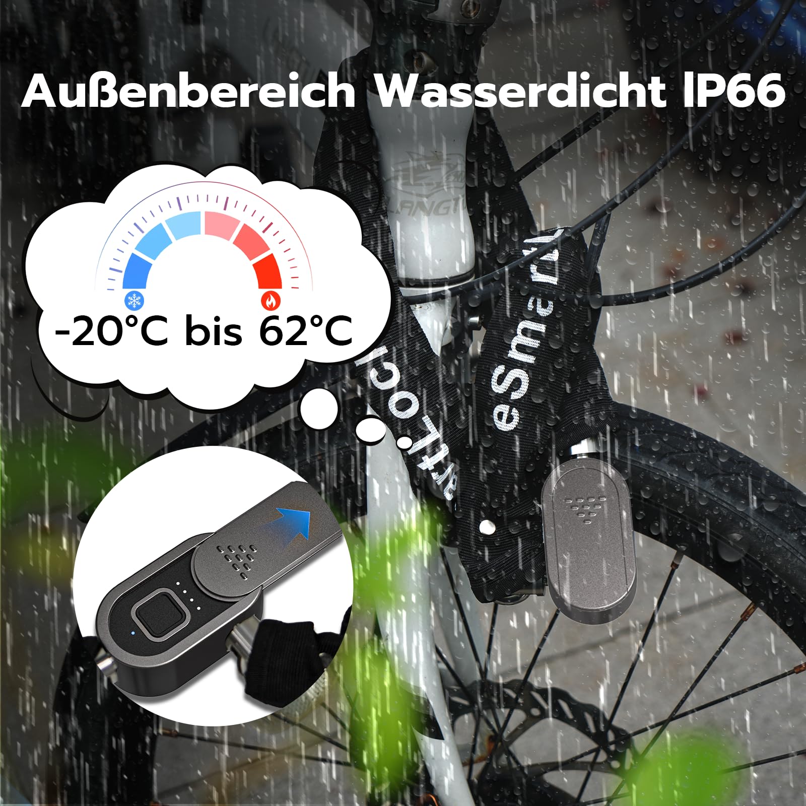 Eseesmart Lucchetto per bicicletta con impronte digitali con chiave, 8 mm, 1000 mm, lungo lucchetto a catena per bicicletta, alta sicurezza, anti-furto, impermeabile, per bicicletta e-scooter
