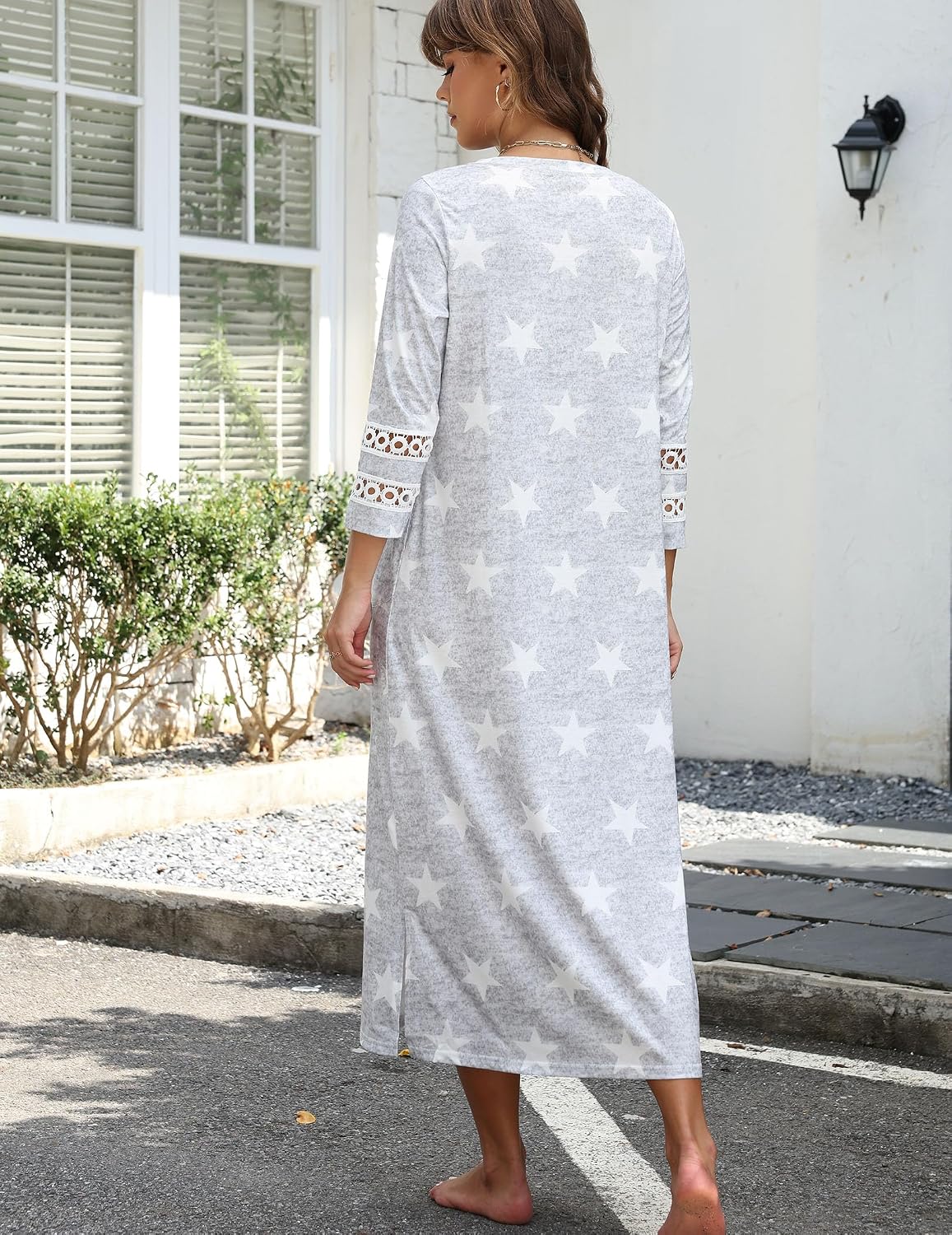 Women's Long Maxi Nightgown with Lace Sleeves, Loungewear Dress with Pockets, V-Neck Sleepshirt,S-XXL
