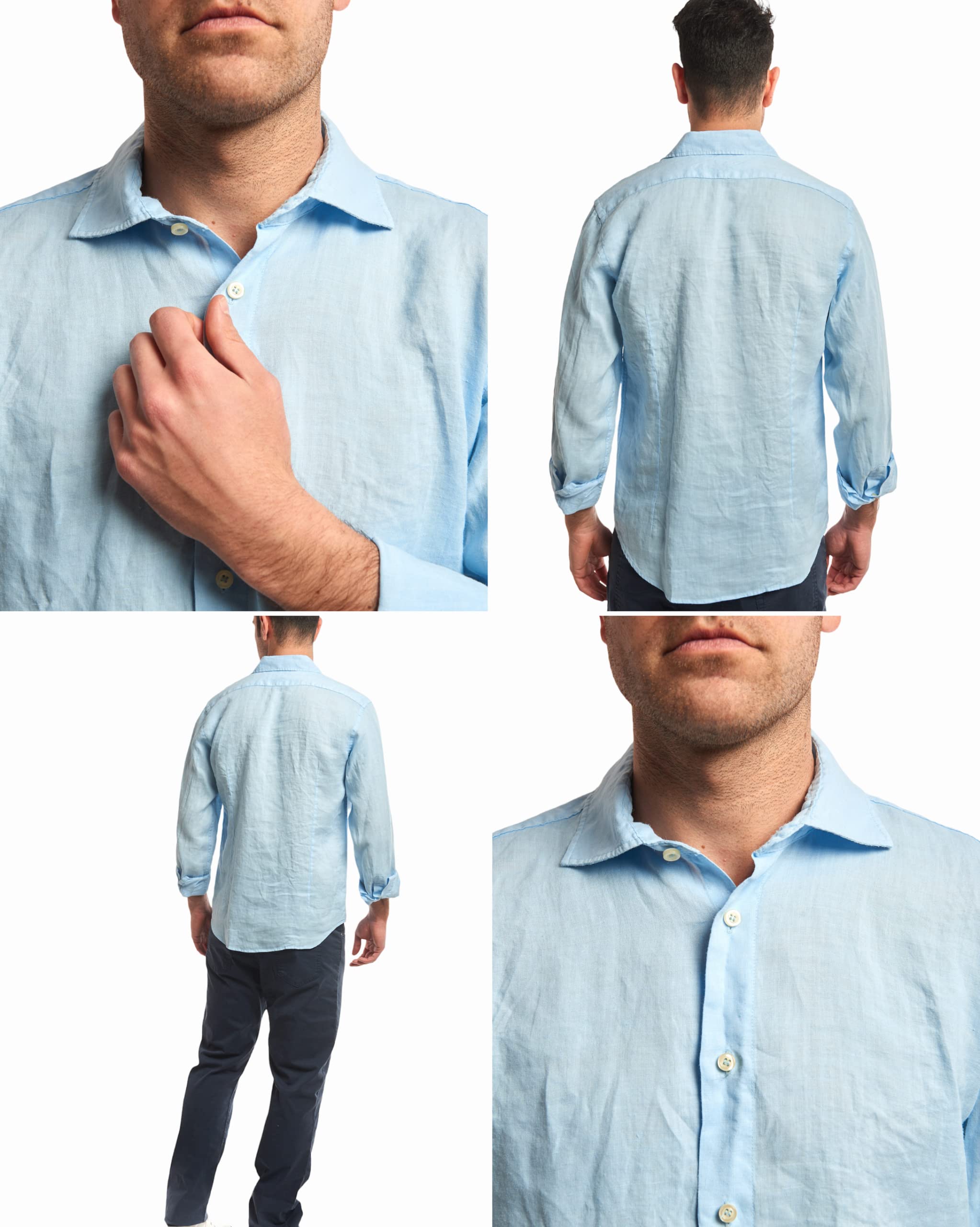 Camicia di Puro Lino Uomo, Collo Classico, Manica Lunga, Abbigliamento Uomo, Stagione Estiva, Bianco, Celeste, Avio, Beige, Blu, Verde dalla S alla XXXL