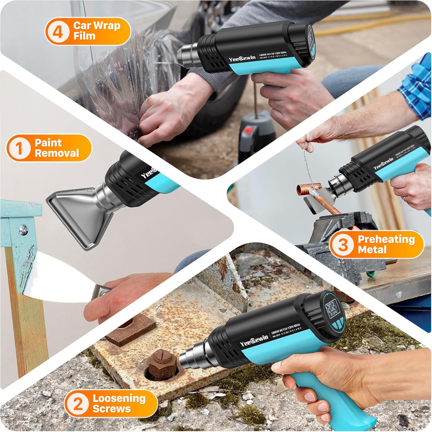 1800W Heat Gun Compact Design Hot Air gun with LCD Display Variable Temperature Control 122℉-1202℉(50℃-650℃) with Memory Function and 4 Nozzles for Crafts, PVC Heating and Paint Removal