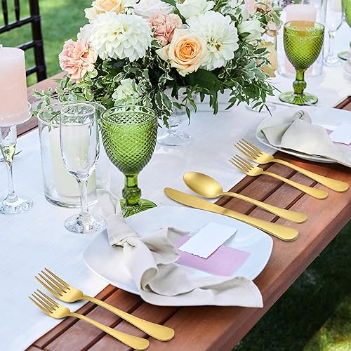 Miniatura 7 de LIANYU Juego de cubiertos de oro mate de 77 piezas con cuchillos para carne y utensilios de servir, moderno juego de cubiertos de acero inoxidable