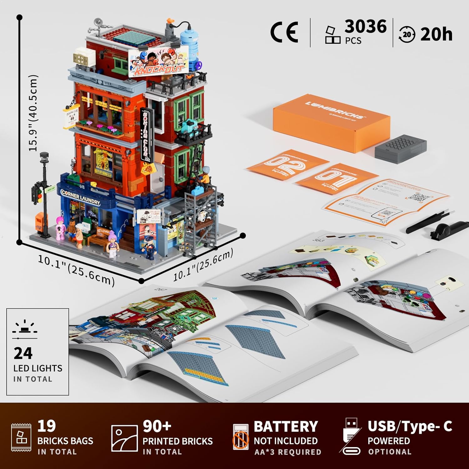 Street Fusion Boxing Club Lighting Building Bricks Set - City Town Modular Playset Collection Display kit with Minifigures 3036 Pcs for Adults & Teens & Life Enthusiasts