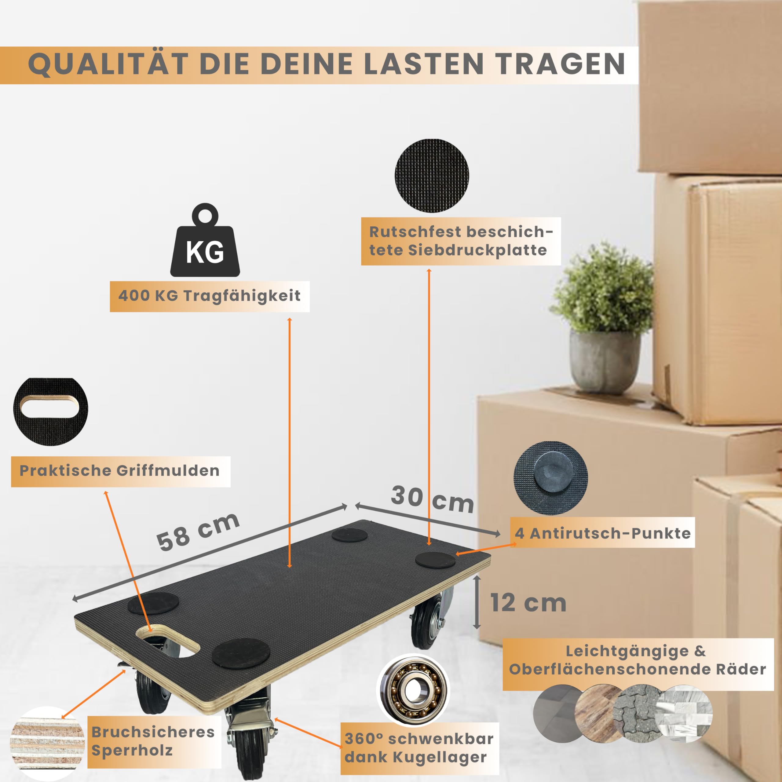 Transportroller mit Feststellbremse in 58x29cm, Einer beeindruckenden Tragkraft von 400kg & leichtgängigen Rollen für mühelosen Transport Schwerer Lasten, wie Möbel, Kisten, Kommoden & mehr