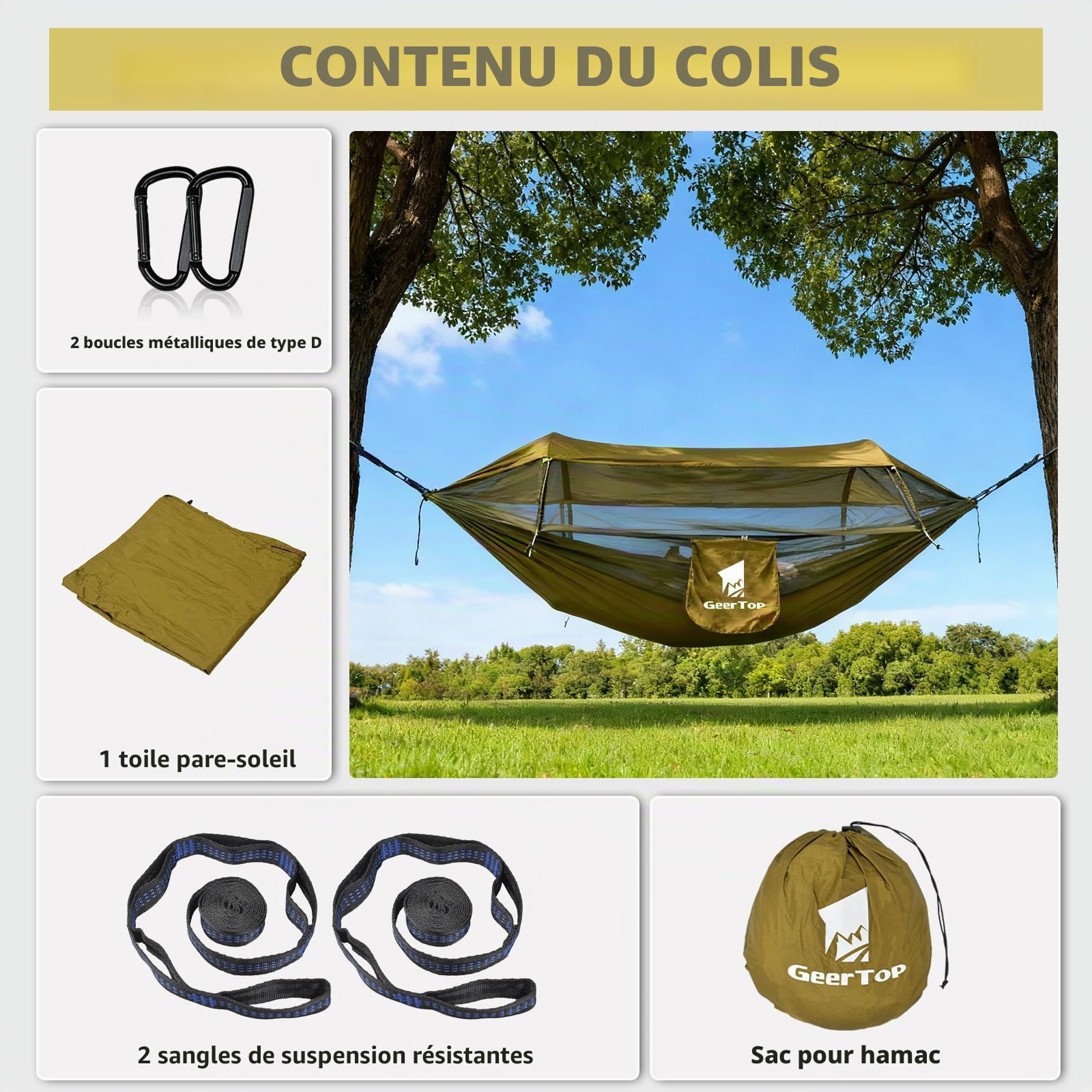 GEERTOP Hamac d'extérieur 3 en 1 avec bâche de Protection Solaire, imperméable et Durable en Nylon avec Filet Anti-moustiques, Double Couchage, équipement de Camping pour randonnée