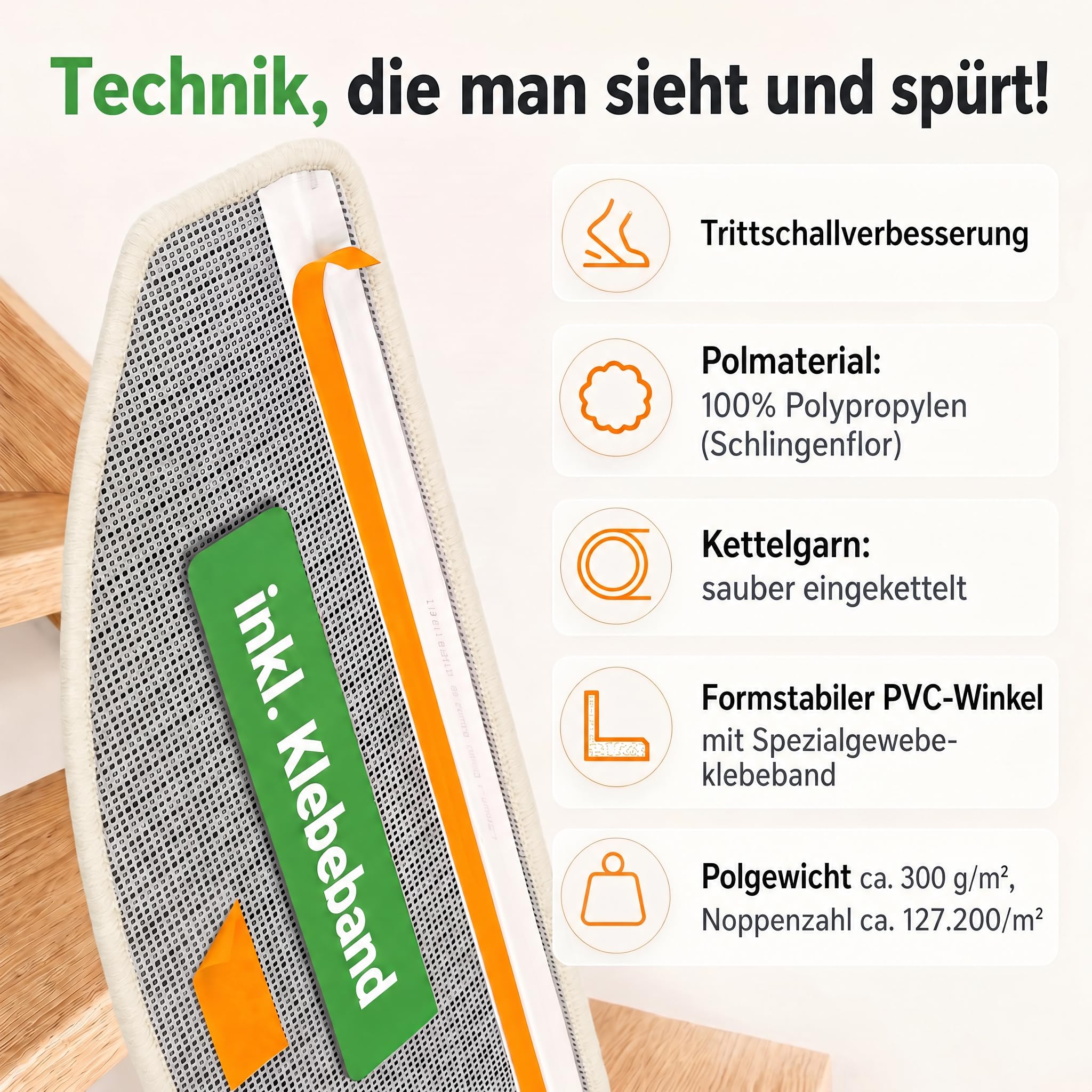 Kettelservice-Metzker Stufenmatten Treppe Rambo, 15er Set, halbrund, Beige, ca. 65 x 24 x 4 cm, Flor 6 mm, Trittschall ~20 dB, Polypropylen, PVC-Winkel, gekettelte Kanten