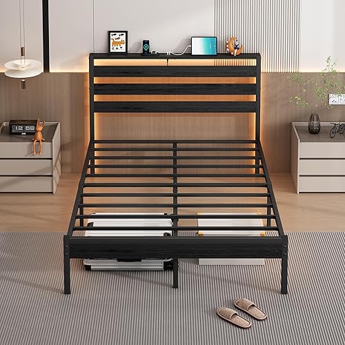 Miniatura 8 de Base de cama Queen con estación de carga USB, marco de cama LED con cabecera de almacenamiento de madera, cama de plataforma de metal negro con