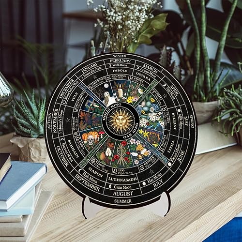 Miniatura 3 de WBQMUNY Letrero de madera de la rueda del año de 10 pulgadas, letrero pagano de Sabbats de brujas y runas, tablero grabado de madera Wicca,