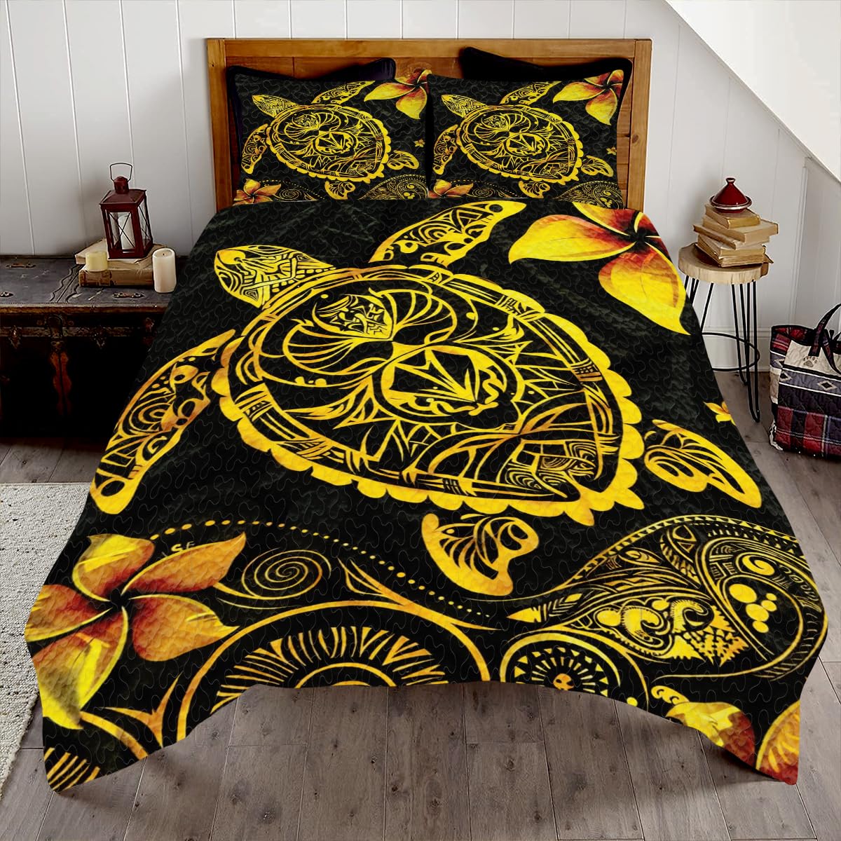Hibiscus Sea Turtle Quilt - Personalized Print, Twin, Queen, King Size - Polynesian Tribal Hawaiian Pattern Bedding