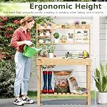 HAPPYGRILL Potting Bench Table, 60” Wood Garden Work Bench Workstation with Storage, Flip-Up Tabletop, Shelves & Hanging Hooks, Outdoor Garden Table for Patio, Lawn & Porch