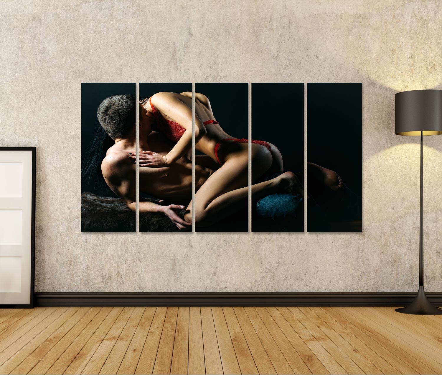 bilderfelix Quadro su tela Baci Sexy Giovane Coppia Nuda Sensuale Pizzo Rosso Erotico Des - Tela 160x80 cm - 5 pannelli XXL