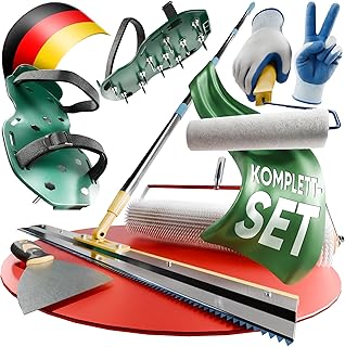 Bodenbeschichtung Entlüftungsroller Set | Enthält Stachelwalze Ausgleichsmasse 11 mm, Rakel Ausgleichsmasse, Nagelschuhe, Teleskopstange, Farbroller, Spachtel und Handschuhe