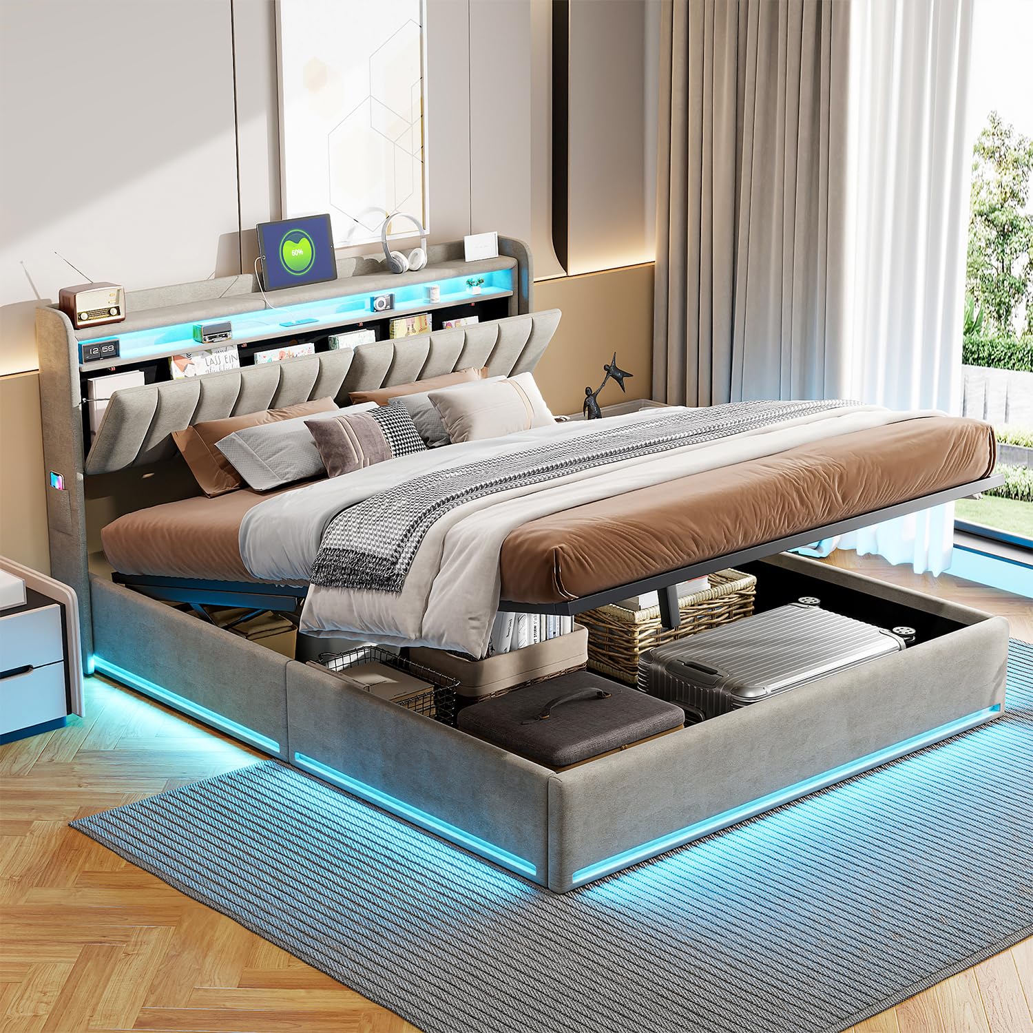 Letto Matrimoniale 140x190cm con LED, Contenitore Pneumatico e Ricarica USB - Struttura Rinforzata Doghe, Tessuto velvet, No Base Elastica (Grigio Velluto, 140x190)