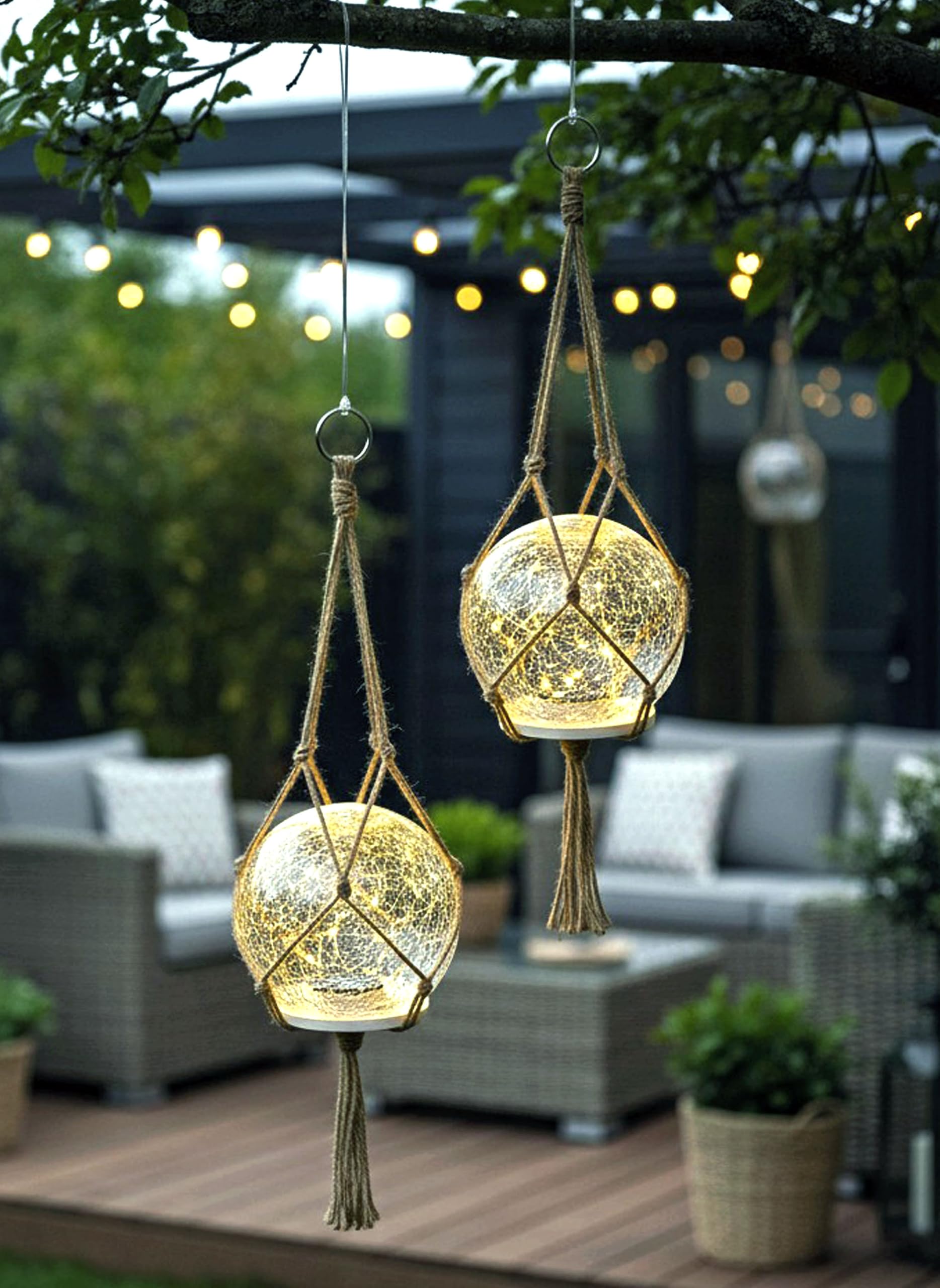 Lampada a sospensione solare e lampada da tavolo, set di 2 lampade solari per esterni, 15 cm, stile bohémien, con vetro di alta qualità con rete di iuta, decorazione da giardino, bianco caldo
