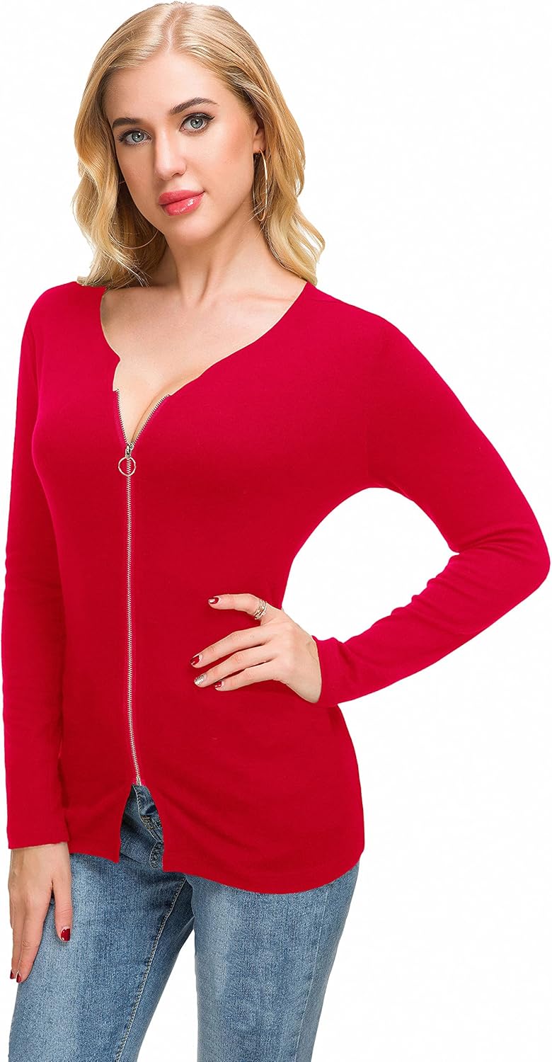 Afibi Women V Neck Zip Front Long Sleeve Casual Top Blouse Shirt/Cardigan