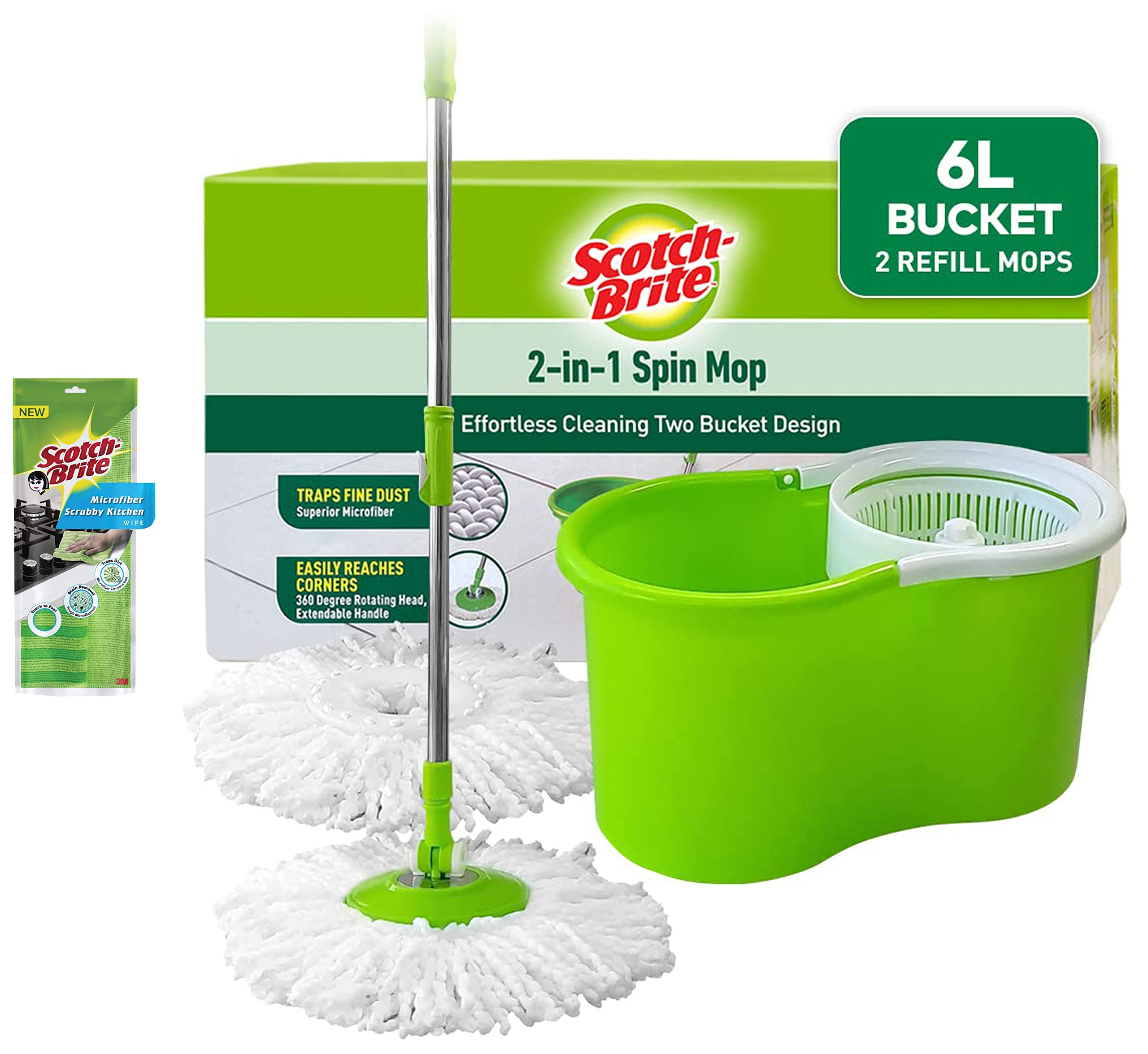 Scotch-Brite 2-in-1 Bucket Spin Mop (Green, 2 Refills) & Kitchen Fabric Scrub Cloth (Pack of 1)(Colour May Vary) (Green/Purple) Combo (B086VMNN6P) Amazon Price History, Amazon Price Tracker
