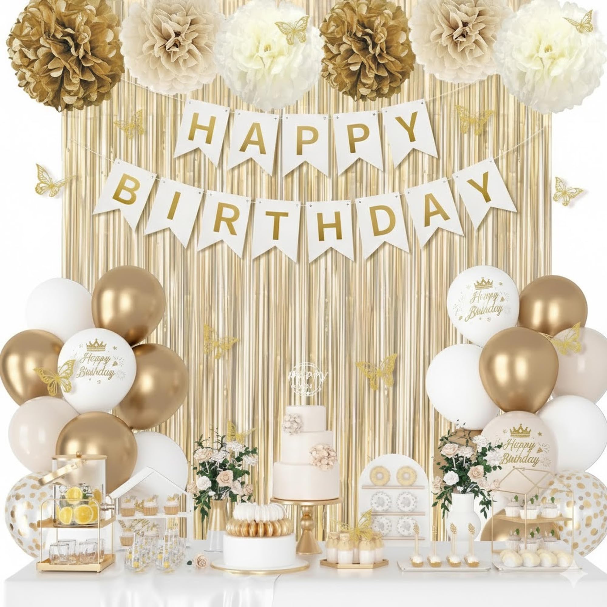 Birthday Decorations Set 56 PCS Champagne Gold & Beige Birthday Balloon Kit with Happy Birthday Banner, 20 Nude Sand White Balloons, 6 Pom Poms, 2 Gold Fringe Curtains, Butterflies for Women, Girls