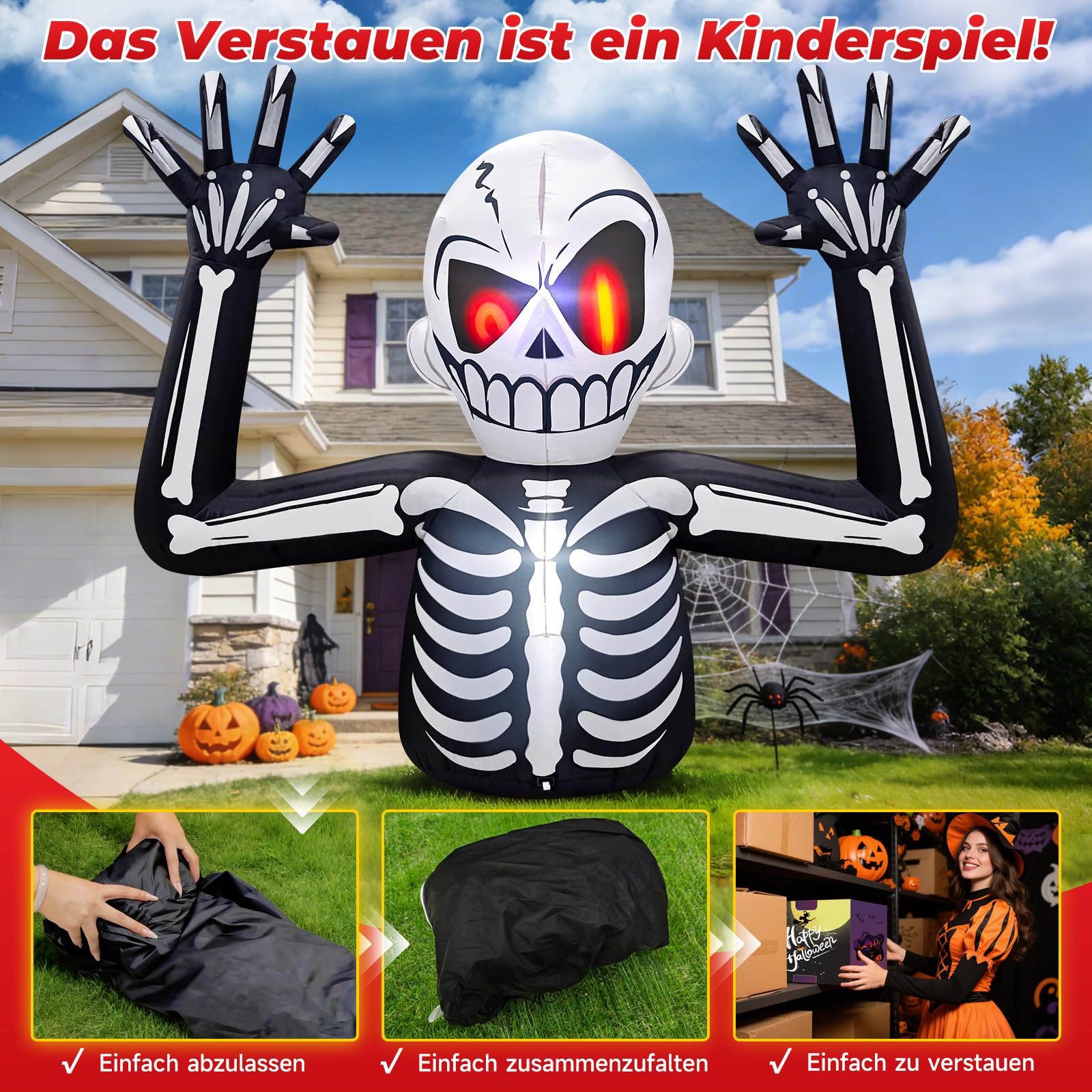 Danxilu 1,83M Gruselige Aufblasbar Halloween Skelett Außen Deko Roten Augen | Eingebaute LED Lichter, Wasserdichtes Material, Seile und Heringe für Windstabilität, Geeignet für den Garten, Rasen, Feiern