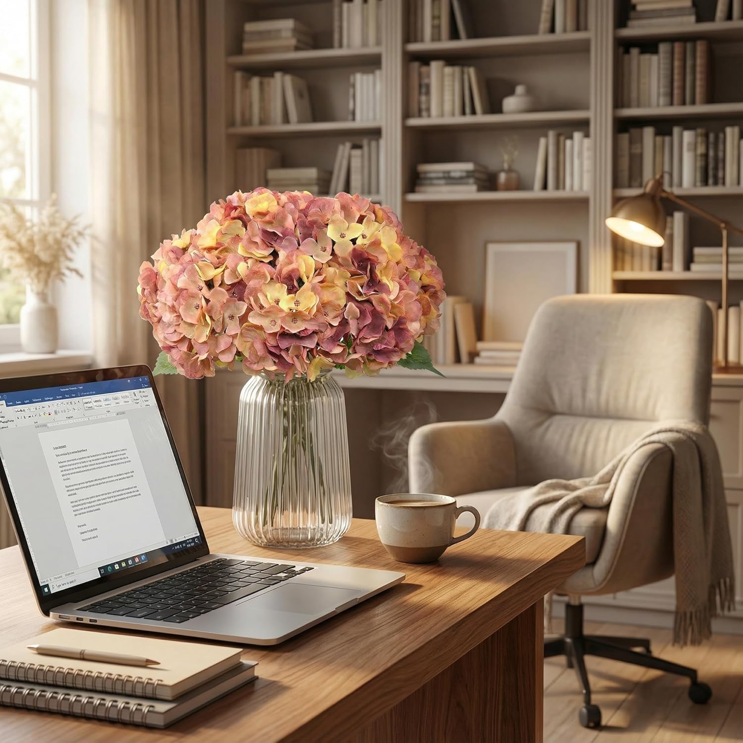 2Bouquets Artificial Fake Flowers Plants Silk Hydrangea Arrangements Wedding Bouquets Decorations Plastic Floral Home Kitchen Garden Party Festival Bar DIY(Champagne-Dusty Pink) - Image 5